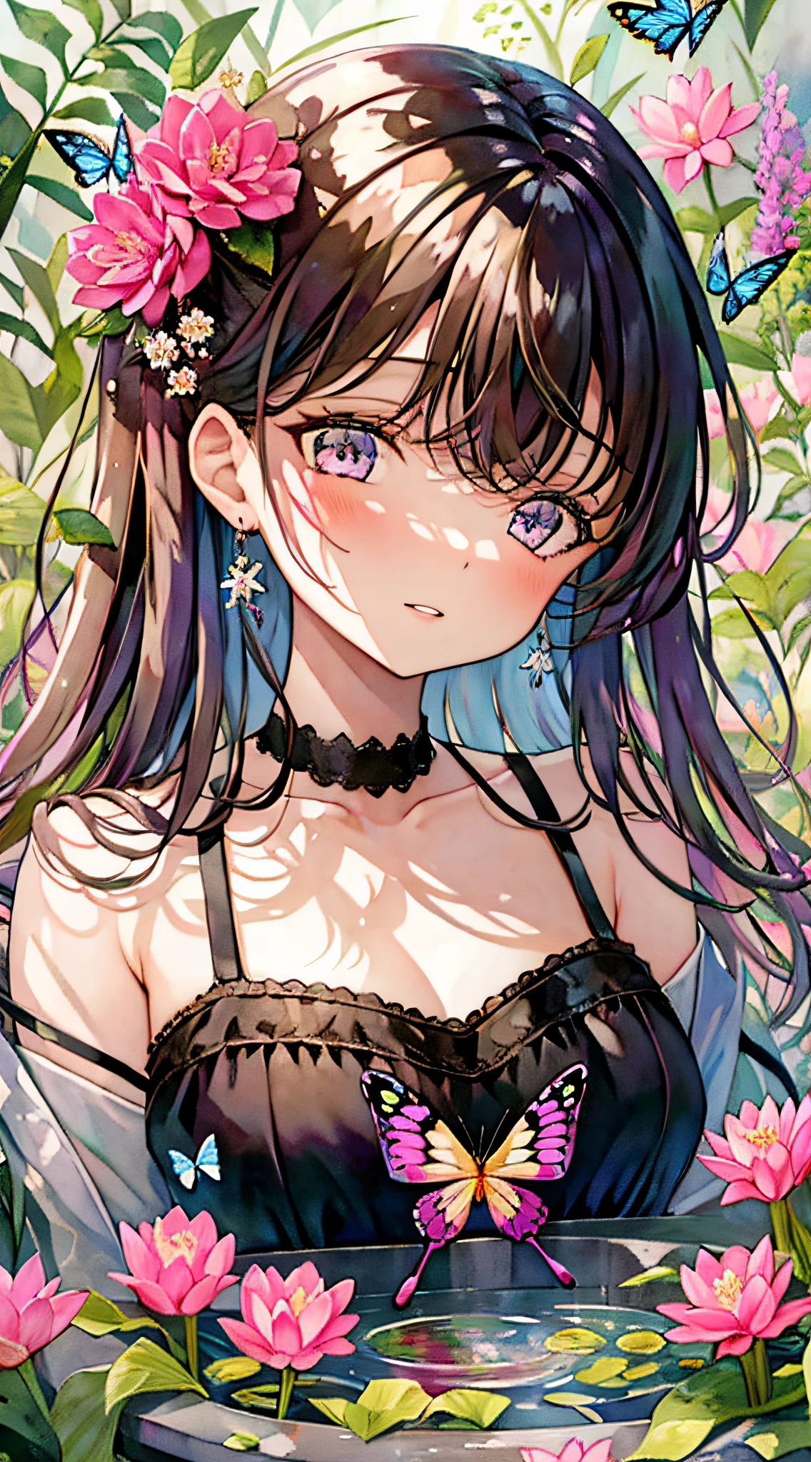 1girl, animal, artist_name, bangs, black_ribbon, blue_butterfly, blush, breasts, brown_eyes, brown_hair, bug, butterfly, butterfly_hair_ornament, butterfly_on_hand, butterfly_wings, collarbone, daisy, eyebrows_visible_through_hair, flower, glowing_butterfly, hair_between_eyes, holding, holding_flower, leaf, lily_\(flower\), long_hair, long_sleeves, looking_at_viewer, lotus, marker_\(medium\), medium_breasts, multicolored_hair, painting_\(medium\), parted_lips, pink_eyes, pink_flower, purple_eyes, purple_flower, purple_hair, ribbon, solo, traditional_media, tulip, upper_body, watercolor_\(medium\), white_butterfly, yellow_butterfly