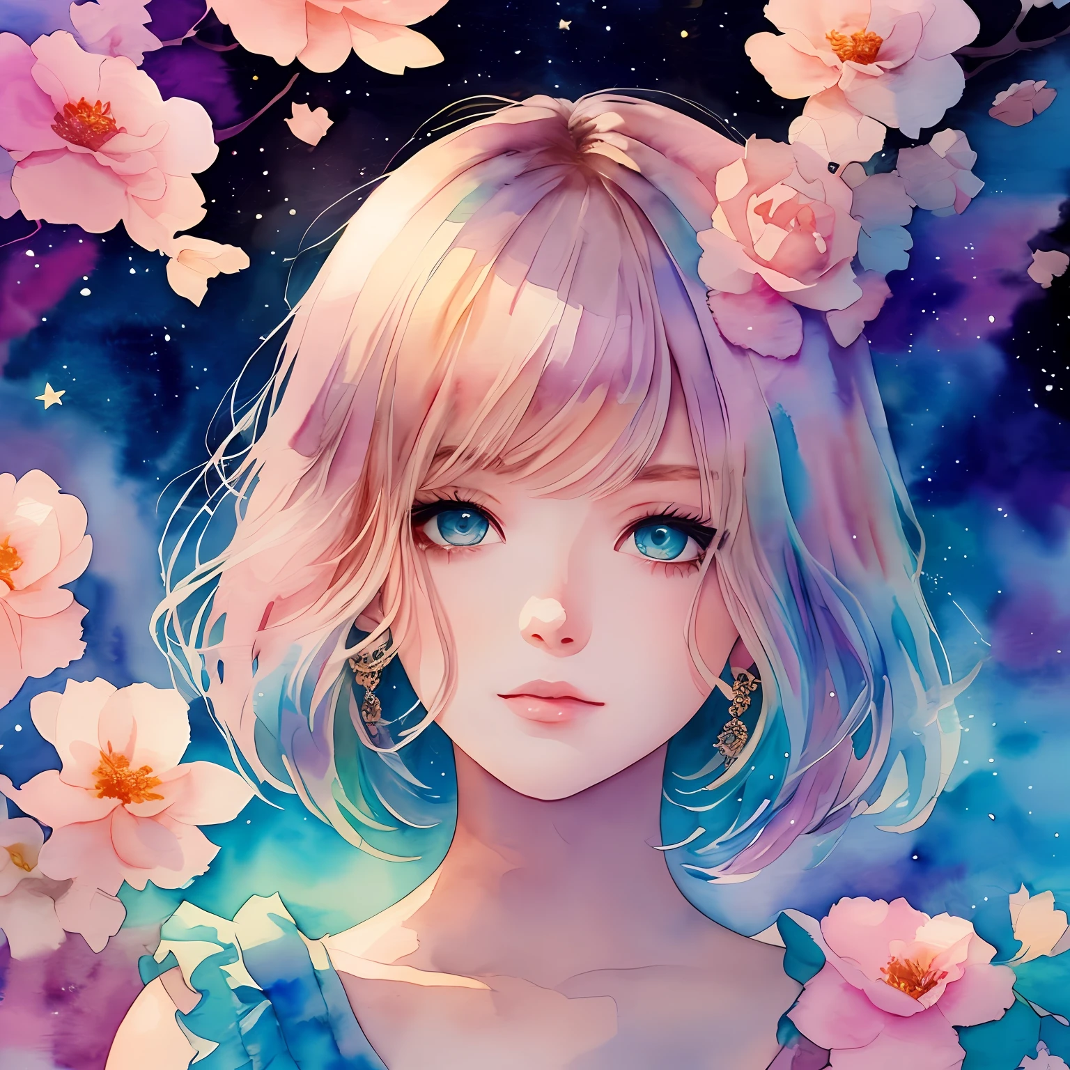 (Best Quality), (Masterpiece: 1.2), (Colorful: 0.9), (Ink Splash), (Color Splash), ((Watercolor)), Sharp Focus, (Portrait Summer Goddess: 1.5), Cute Look, Elegant Pastel Haircut, Beautiful and Detailed Face and Eyes, Elegant Clothes, Summer Starry Sky Background, Colored Water