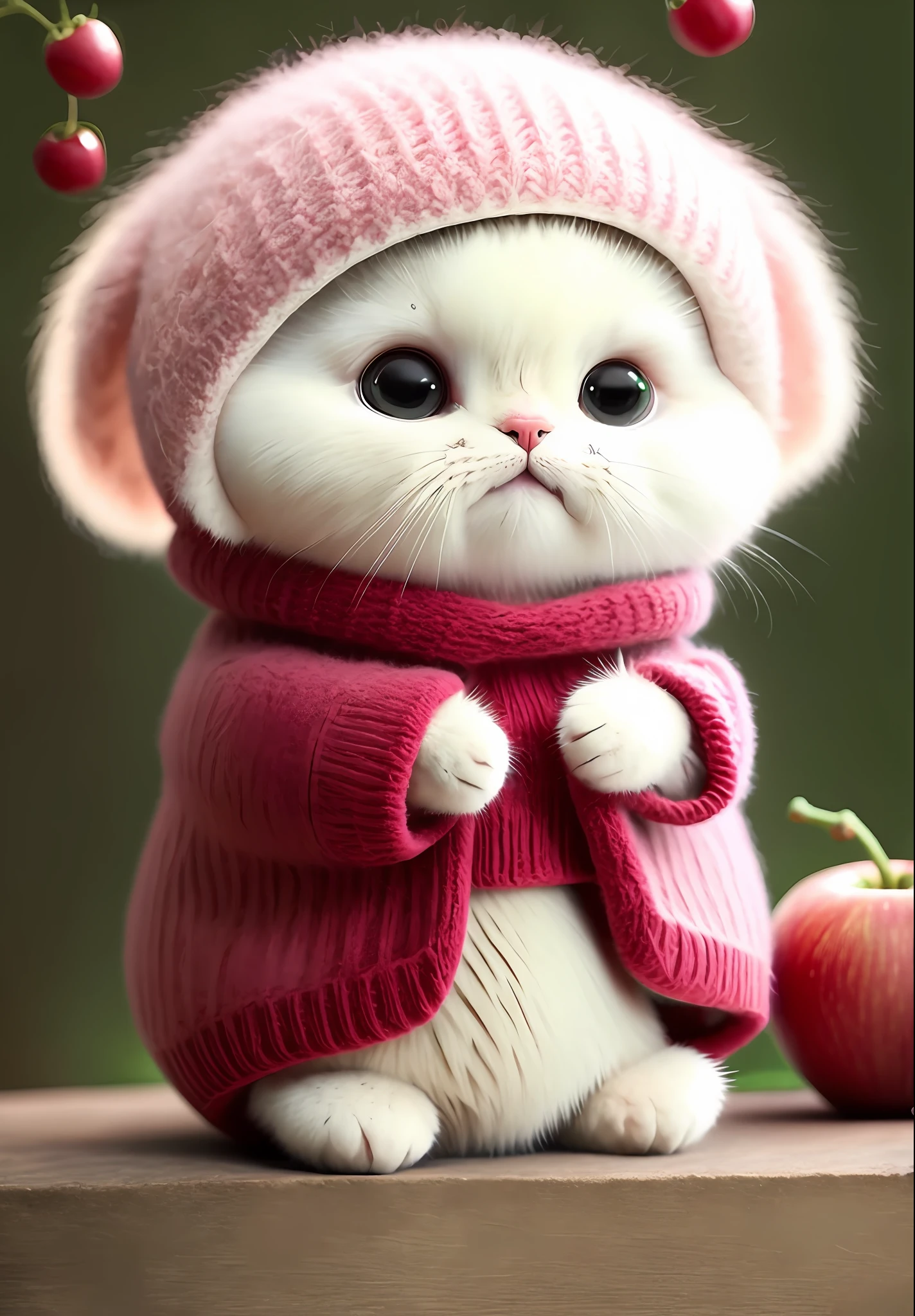 A fluffy cat , apple, dark circles, cherry, food, fruit, whole body, hat, non-human, tomato, watermelon