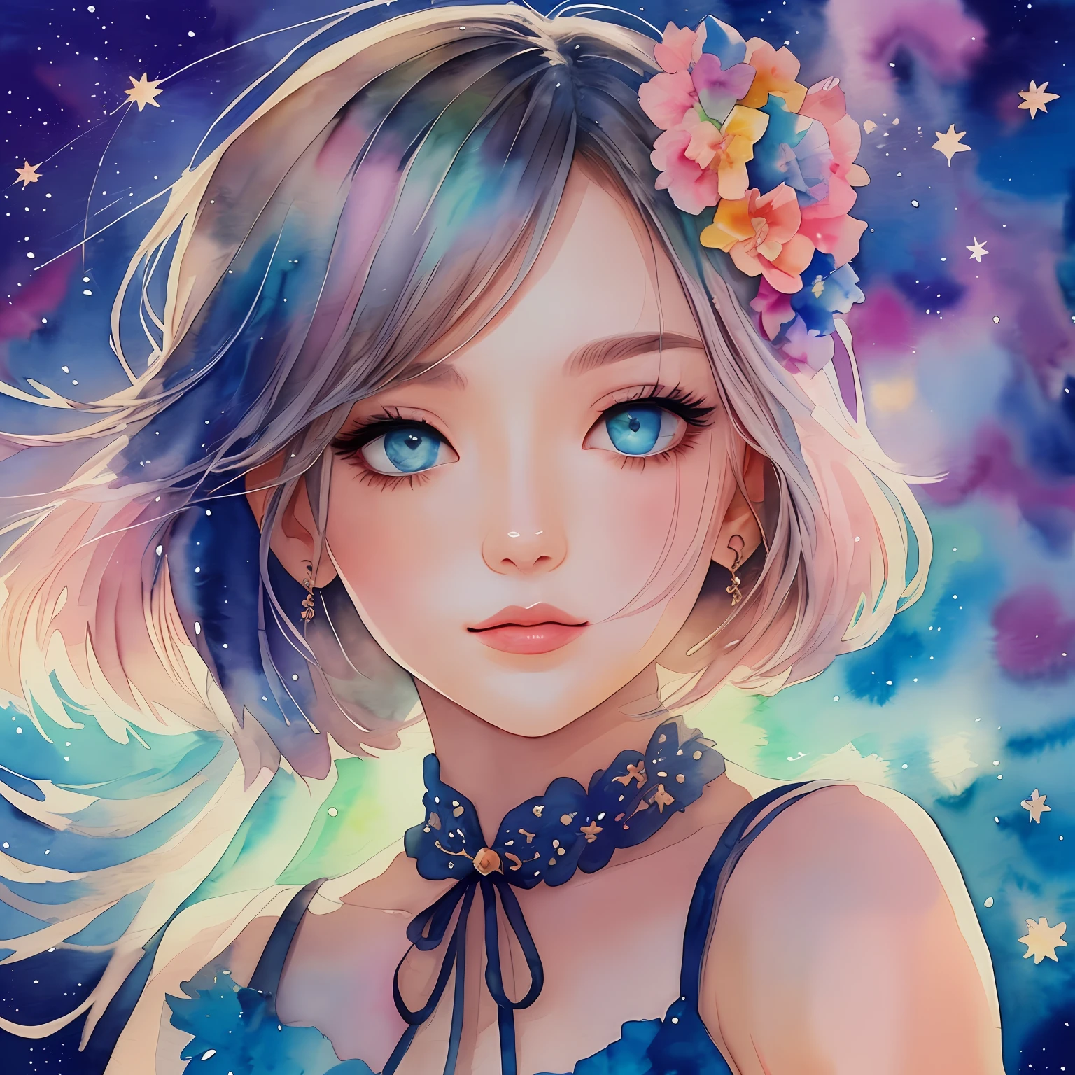 (Best Quality), (Masterpiece: 1.2), (Colorful: 0.9), (Ink Splash), (Color Splash), ((Watercolor)), Sharp Focus, (Portrait Summer Goddess: 1.5), Cute Look, Elegant Pastel Haircut, Beautiful and Detailed Face and Eyes, Elegant Clothes, Summer Starry Sky Background, Colored Water