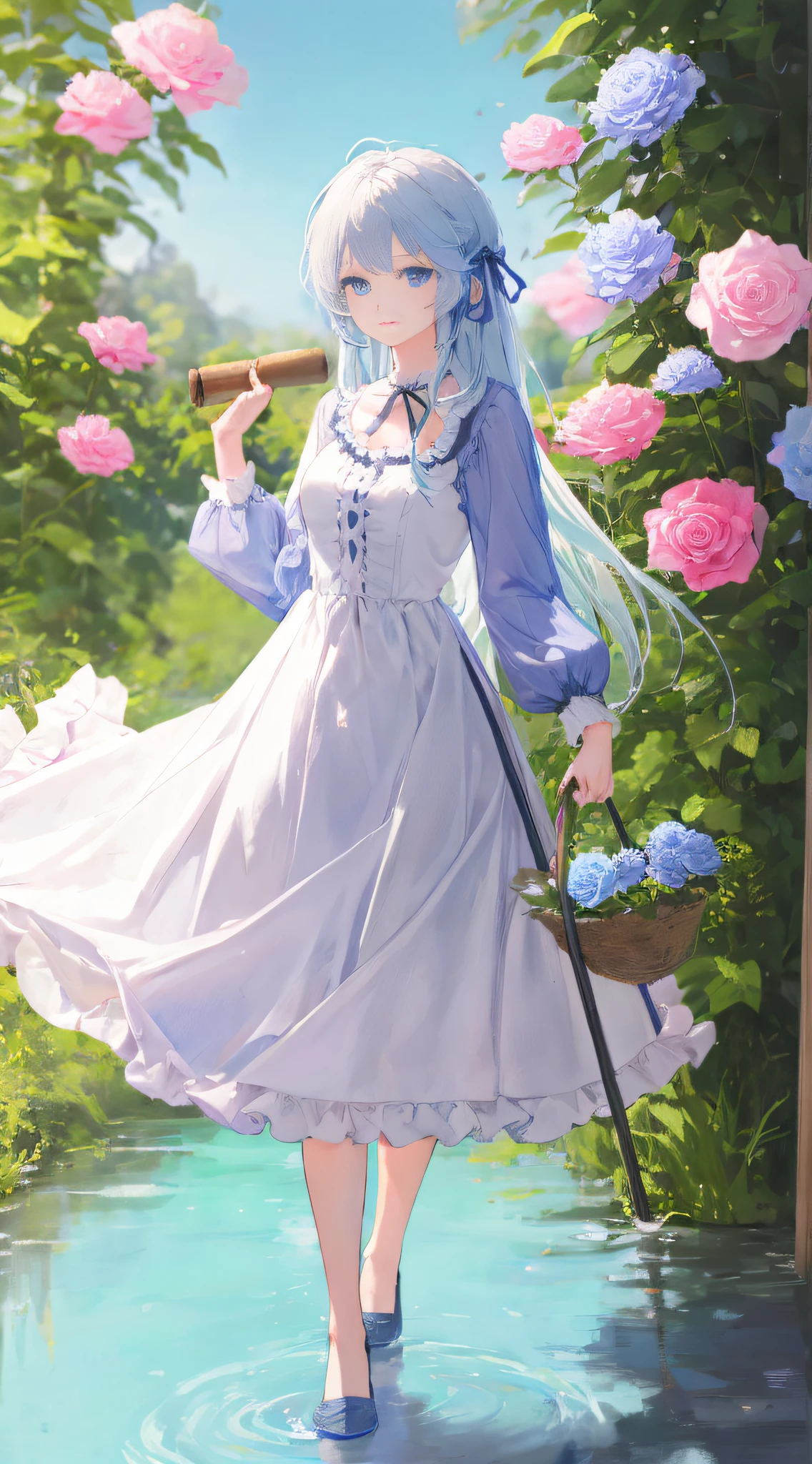 1girl, solo, long hair, blue eyes, dress, flower, white hair, ribbon, looking at viewer, white dress, pink flower, bangs, full body, rose, holding, blue ribbon, staff, frills, pink rose, long sleeves, hair ornament, white flower, very long hair, hair flower, bow, floating hair