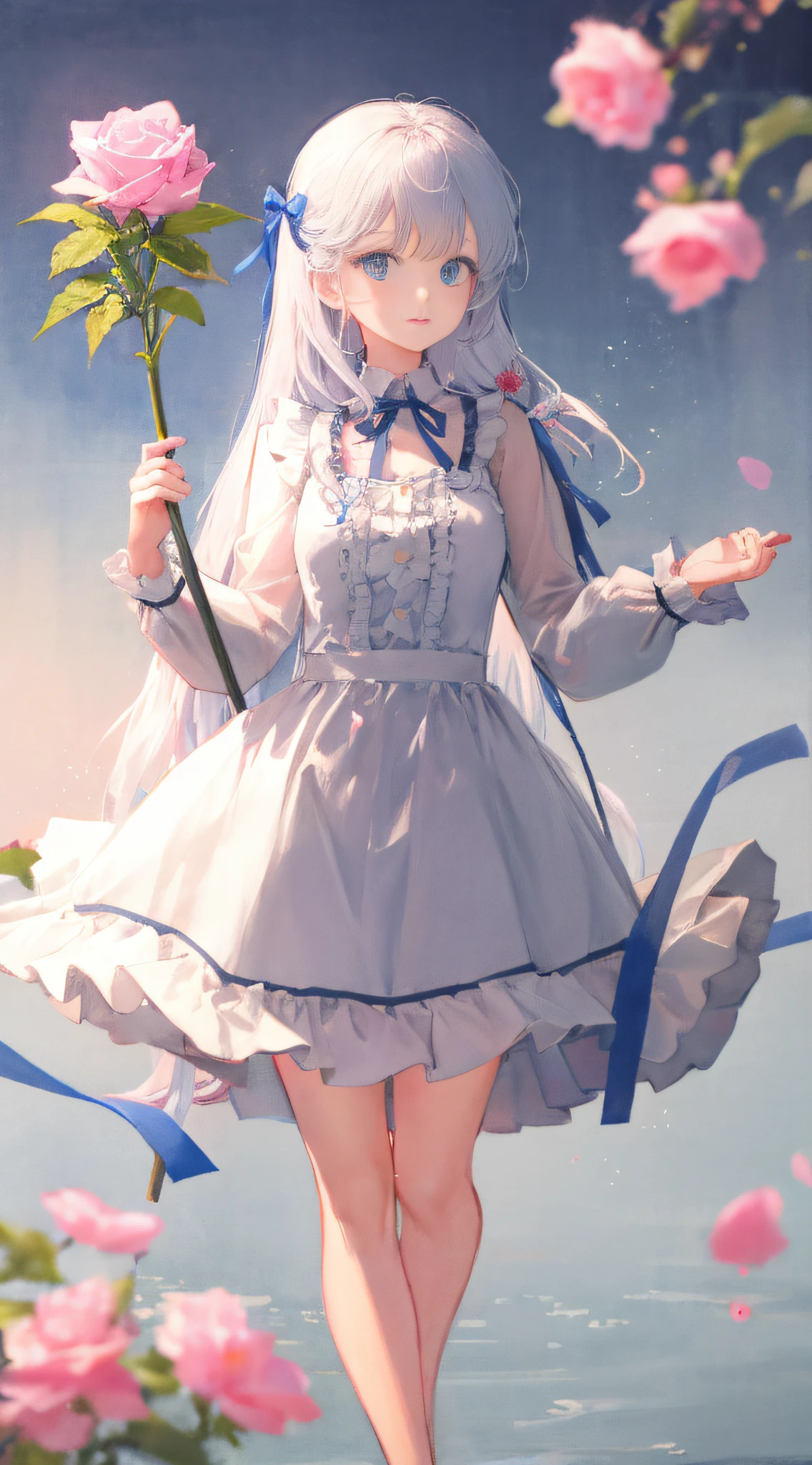 1girl, solo, long hair, blue eyes, dress, flower, white hair, ribbon, looking at viewer, white dress, pink flower, bangs, full body, rose, holding, blue ribbon, staff, frills, pink rose, long sleeves, hair ornament, white flower, very long hair, hair flower, bow, floating hair