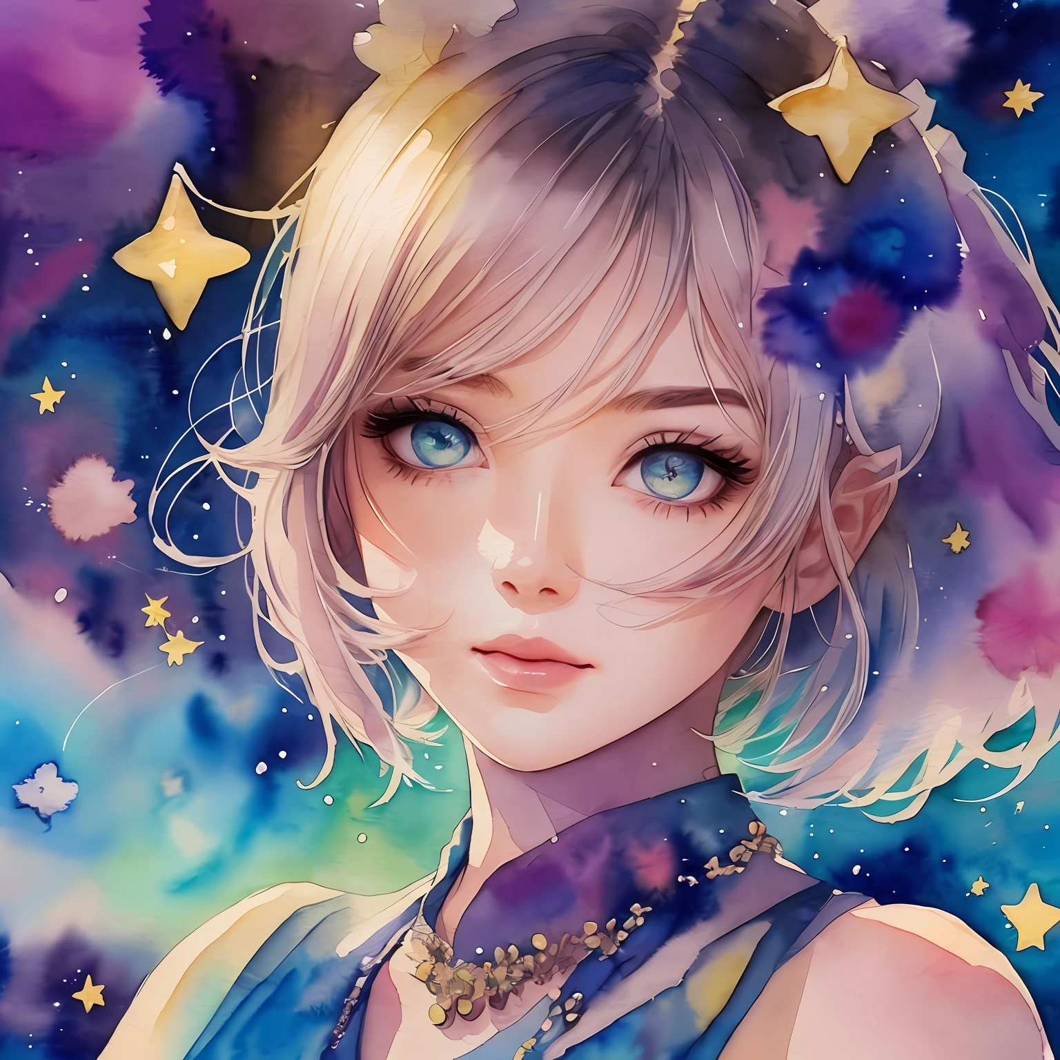 (Best Quality), (Masterpiece: 1.2), (Colorful: 0.9), (Ink Splash), (Color Splash), ((Watercolor)), Sharp Focus, (Portrait Summer Goddess: 1.5), Cute Look, Elegant Pastel Haircut, Beautiful and Detailed Face and Eyes, Elegant Clothes, Summer Starry Sky Background, Colored Water