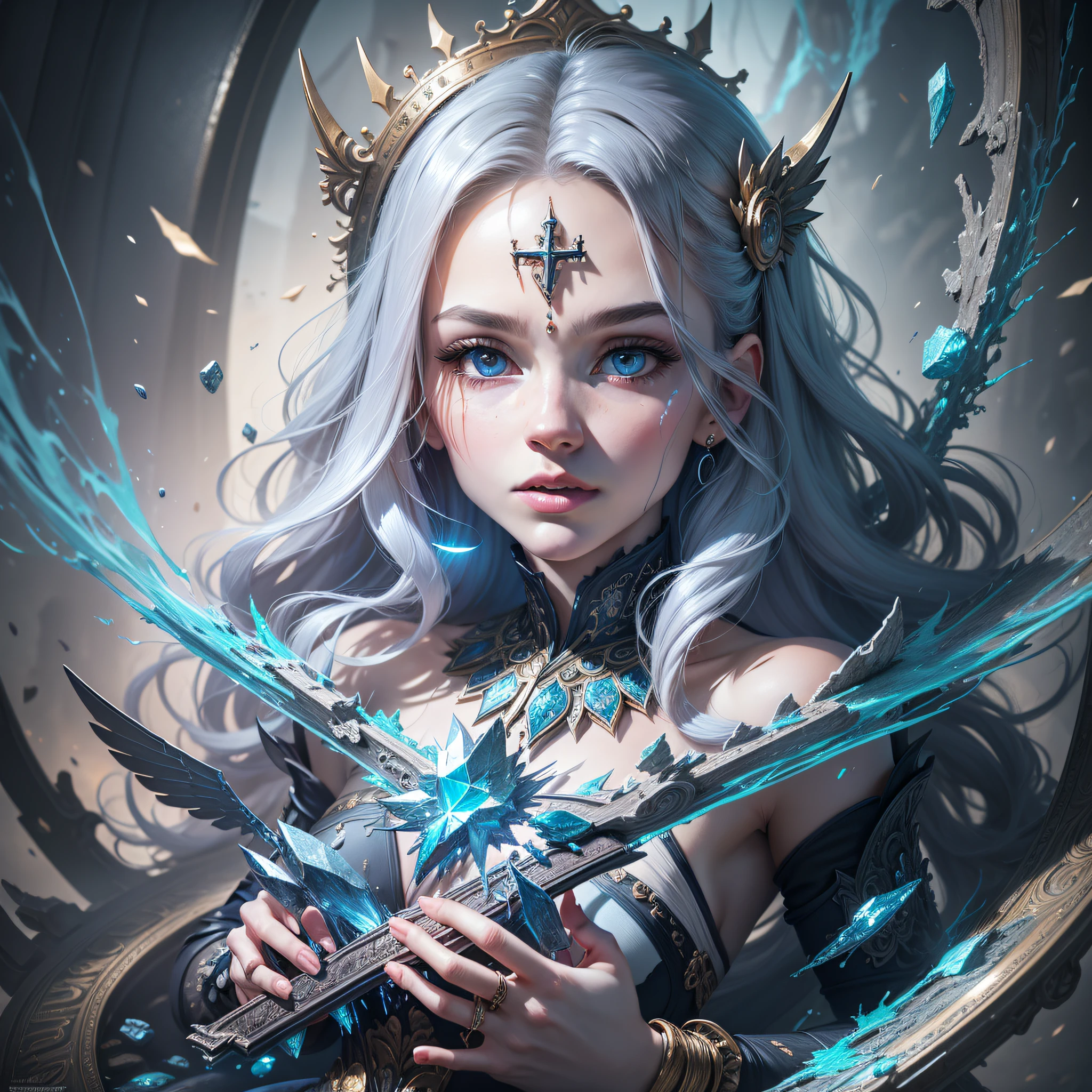 unparalleled masterpiece, ultra realistic 8k CG, perfect artwork, intricate details, best quality, official art, vector art, fantasy, dynamic angle,
Broken Mirror, Mirror fragments, Particles, floating, dust, throne, holy, deity, most beautiful form of chaos,fractal art, abstract,
sitting, cross-legged, Hand supported jaw, blue eyes,