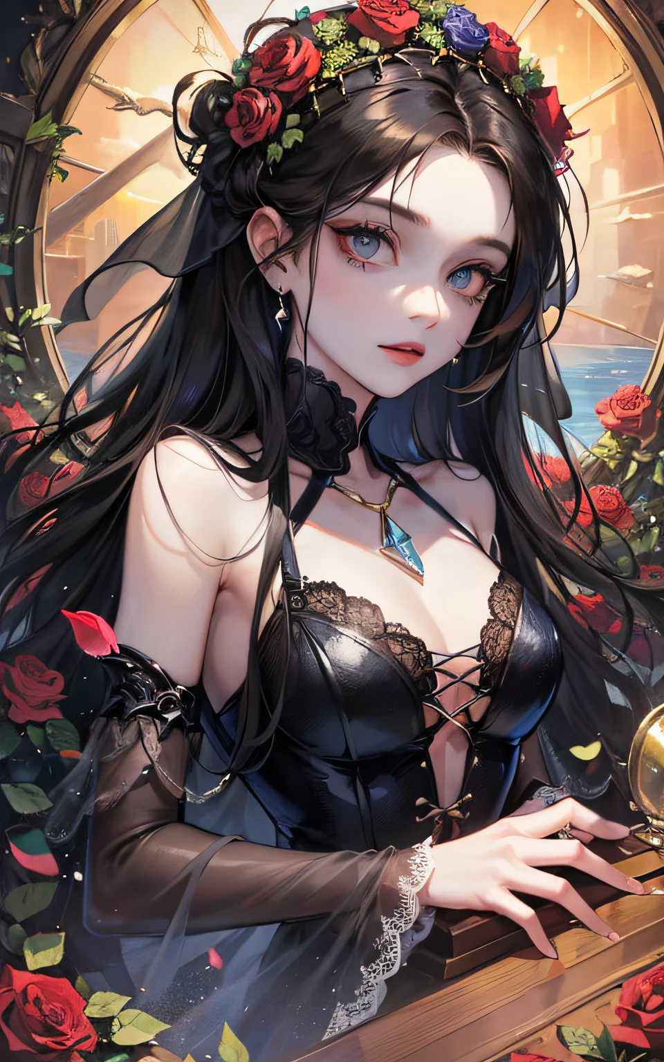 (((transparent coffin for corpse with closed lid))) , (long coffin), girl locked in the coffin, seabed in the background, ((crystal)), gold cross, golden details, roses inside the coffin, rose thorns, ocean in the background, moonlight, coffin submerged in the sea, closed coffin with glass walls, closed lid, (((sarcophagus))), 1girl, adult woman, black hair, long hair, blue eyes, black victorian dress, flowing elegant dress, inside a coffin made of glass, full body inside coffin, perfect detailed eyes, perfect detailed face, detailed eyes, perfect eyes, ((((masterpiece)))), (((glass lid)))