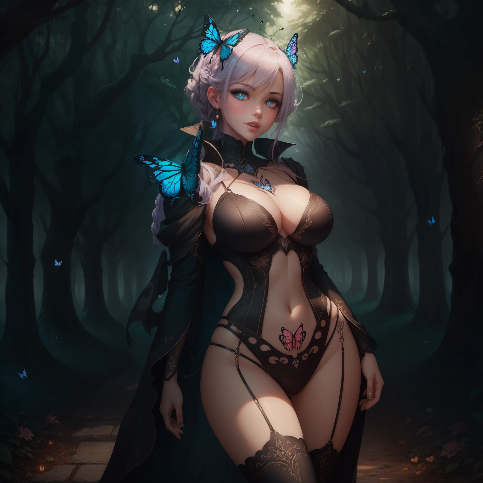 Full body diagram,Blue Phantom pupils,A Miss Charming Meimo,obsidian hair,underboob,arrogant and indifferent,Demon, solo,Disdain, Hollow out black Skin-tight garment,Imperial Sister,Revealing the navel, with a seductive Body, Charm Tattoo,((solo)),(((shyness))),blush,happy,(((Pupil heart shape))),very y,stick out your tongue,White skin,Full of allure, sexss,Southern Hemisphere, infatuation, orgasmestrus,Short bexy figure, cute,Vesexy, unparalleled beauButterfly, Hell, Evil, Ful classical atmosphere,Light and Darkness,Masterpiece, best quality, high quality, extremely detailed CG unit 8k wallpaper,Magic style, myth, enchanting dream scenes, towering trees, creating a mysterious and charming feeling. Artstation, digital illustrations, complexity, trend, soft colors, oil painting, award-winning photography, shot, depth of field, HDR, blooming, color difference, realism, very detailed, artstation trend, CGsociety trend, complexity, high detail, drama, midjournal art, --auto