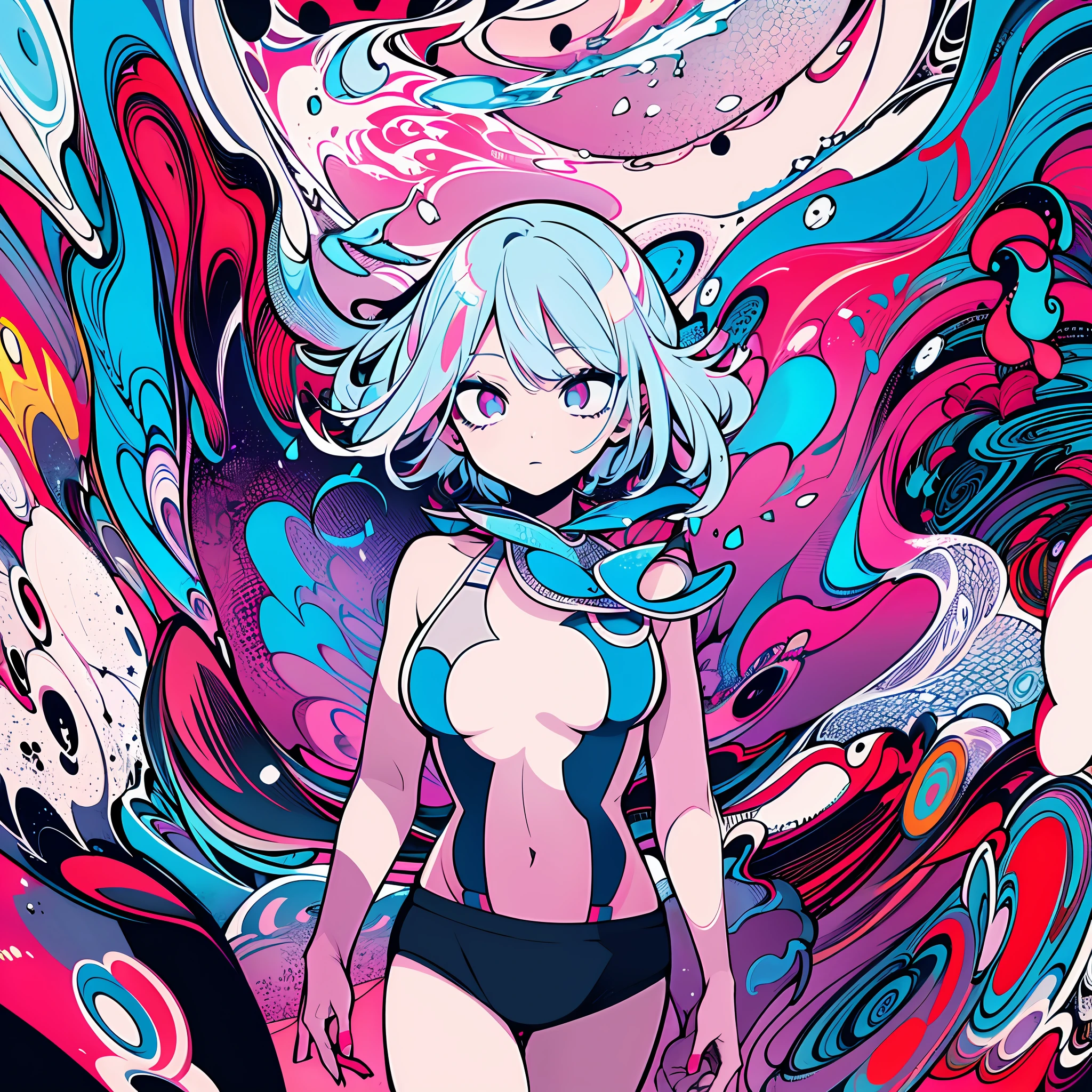 (ultra detailed,ultra high res,detailed background),((2D)),((flat color)),((colorful)),((floating colorful water)),1girl,solo,looking at viewer,BREAK