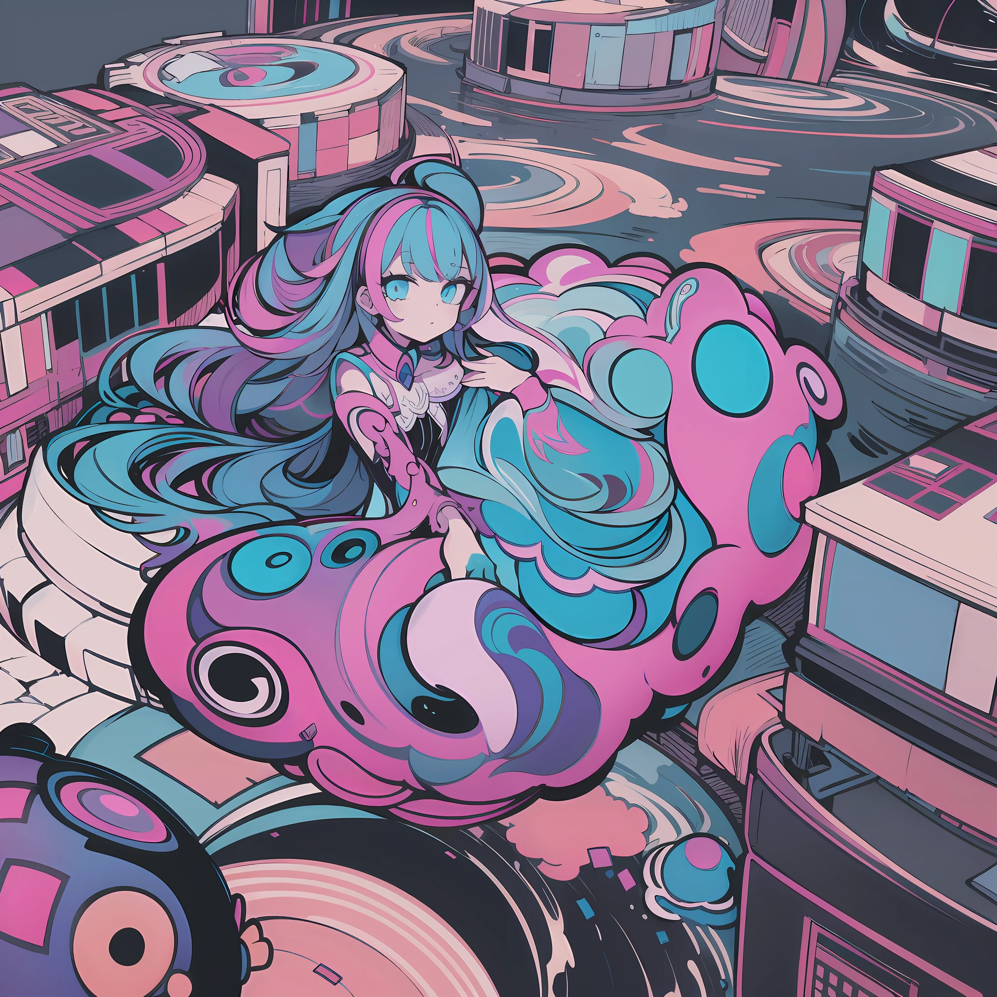 (ultra detailed,ultra high res,detailed background),((2D)),((flat color)),((colorful)),((floating colorful water)),1girl,solo,looking at viewer,BREAK