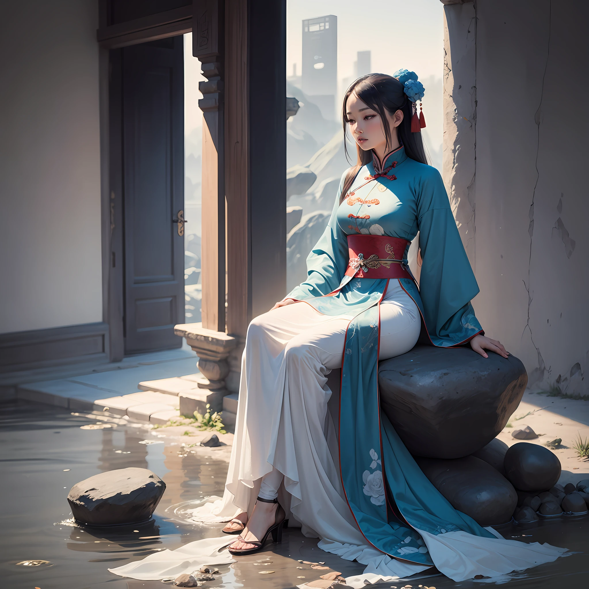 Ancient Chinese beauty sitting on stone, dressed in ancient Chinese clothing, flowing blue tulle, light silk, lazy pose, tea, camellia, ink painting style, clean color, decisive cut, white space, freehand, masterpiece, super detailed, epic composition, high quality, highest quality, 4k --auto --v 6