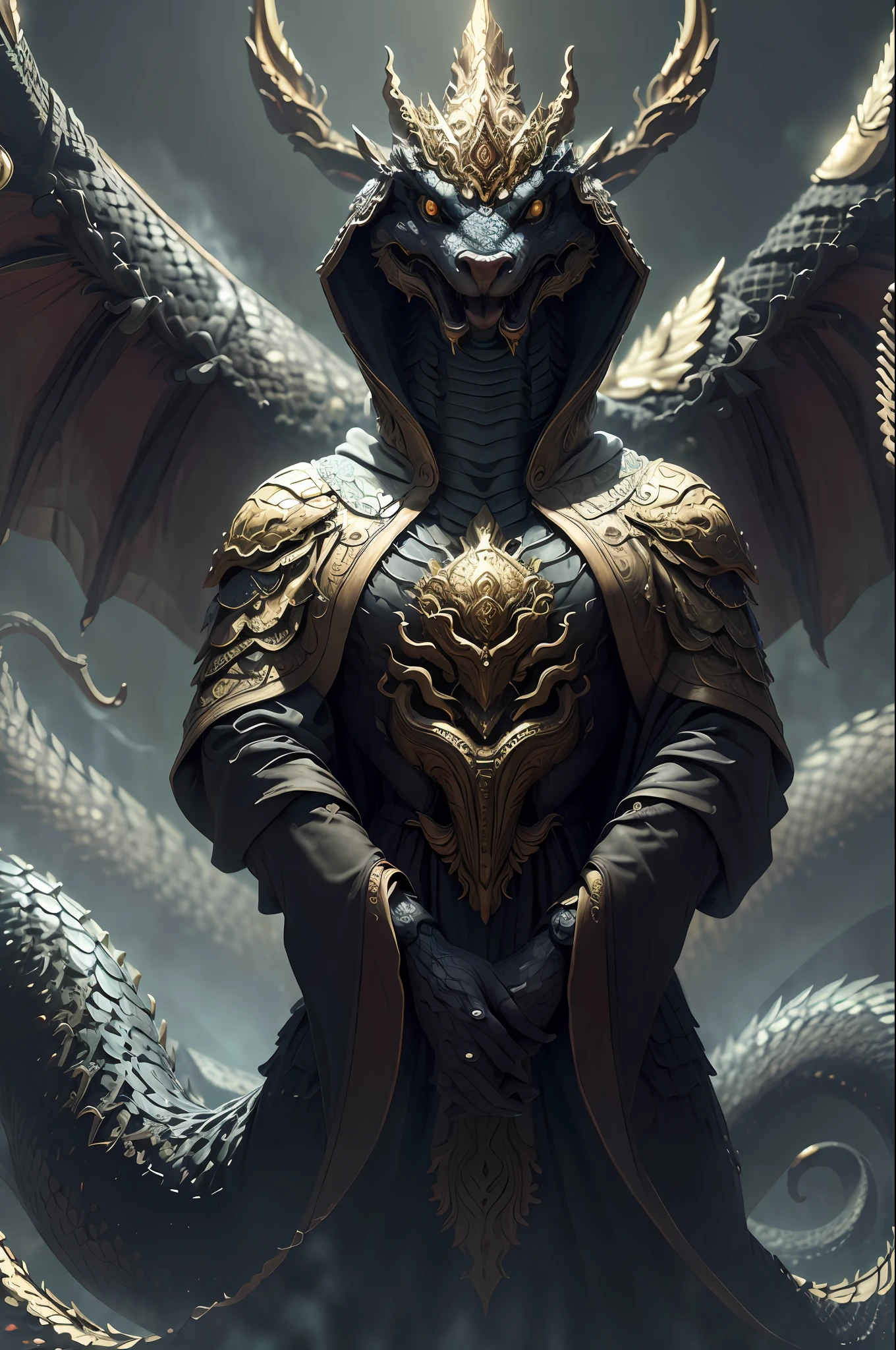 ((raw photo)), ((masterpiece)), anthropomorphic humanoid NagaSerpentGod wearing cloak, long sleeves, golden crest, intricate detail, futobot, intricate Greebles parts, dramatic lighting, rim lighting,