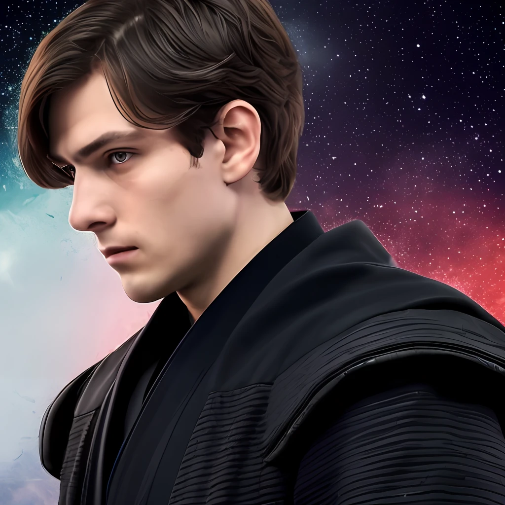 1 18-year-old young man Star Wars style on a futuristic epic background, short dark small hair, wearing black jedi clothing, 1:1 profile photo, symmetrical 5-finger hands