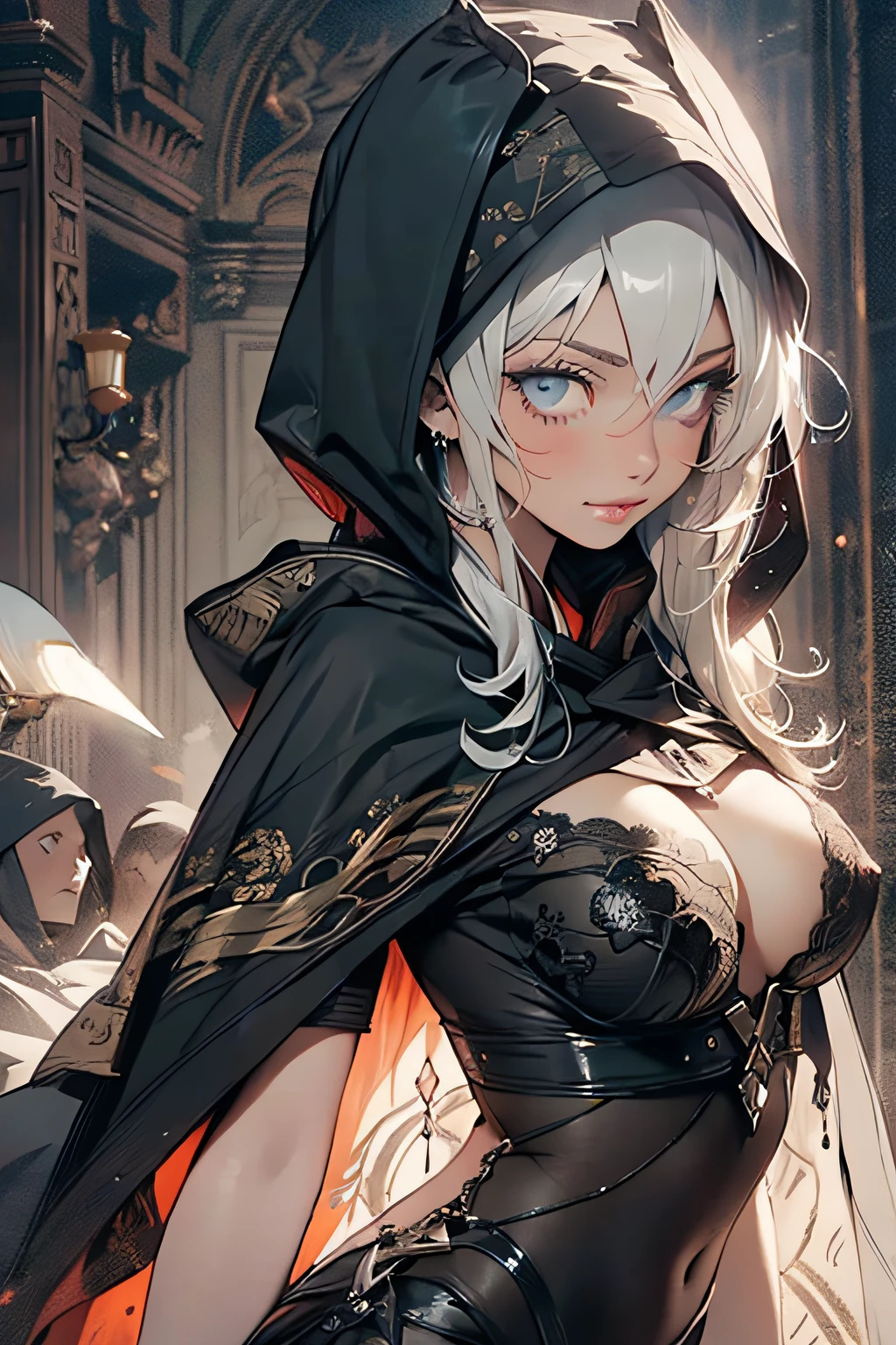 Best quality, masterpiece, (((brunet, [perfectly realistic eyes])))), (((scythe in hand,))) 1 girl, sexy, black clothing, black cape and hood, room, slim figure, slender waistline, ultra-realistic 8k CG, perfect face, flawless, clean, masterpiece, professional artwork, famous art, movie lighting, real, insidious, black hood, bright smile, (dark setting), clothing, macaburo, black upas, lace decoration, lace pants, nsfw, breasts out, ridiculously long hair, very long hair, (rich: 1.4), around the skull, intricate details, delicate pattern, sexy, charming, seductive, seductive, erotic, glamorous,