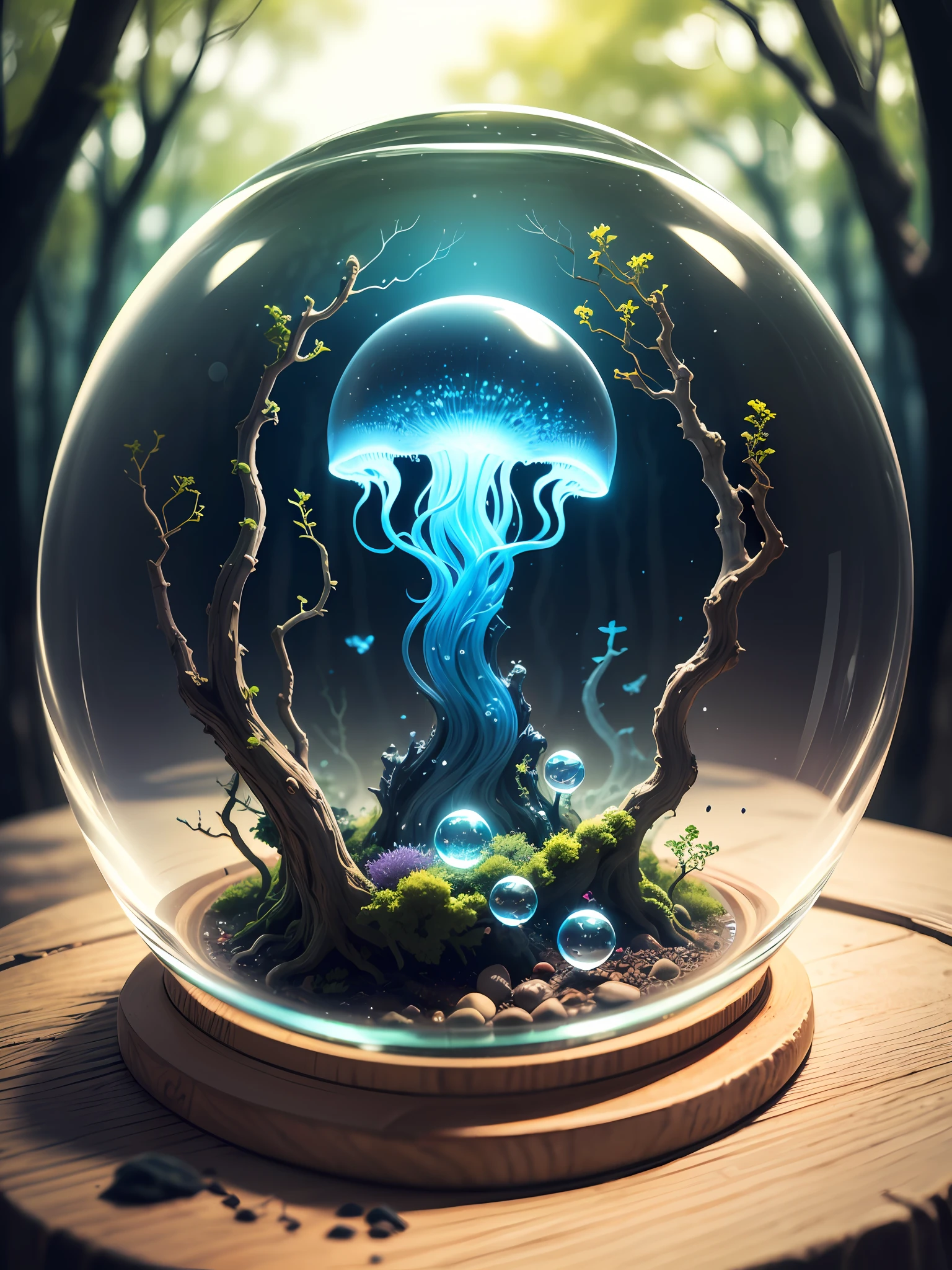Ultra-realistic, 16K high resolution, (Max Sharp Focus: 1.3), (Max Close-up: 1.5), (Electric jellyfish trapped in a crystal ball with a pedestal on a table: 1.7), (Seaweed forest, ice, colorful: 1.5),