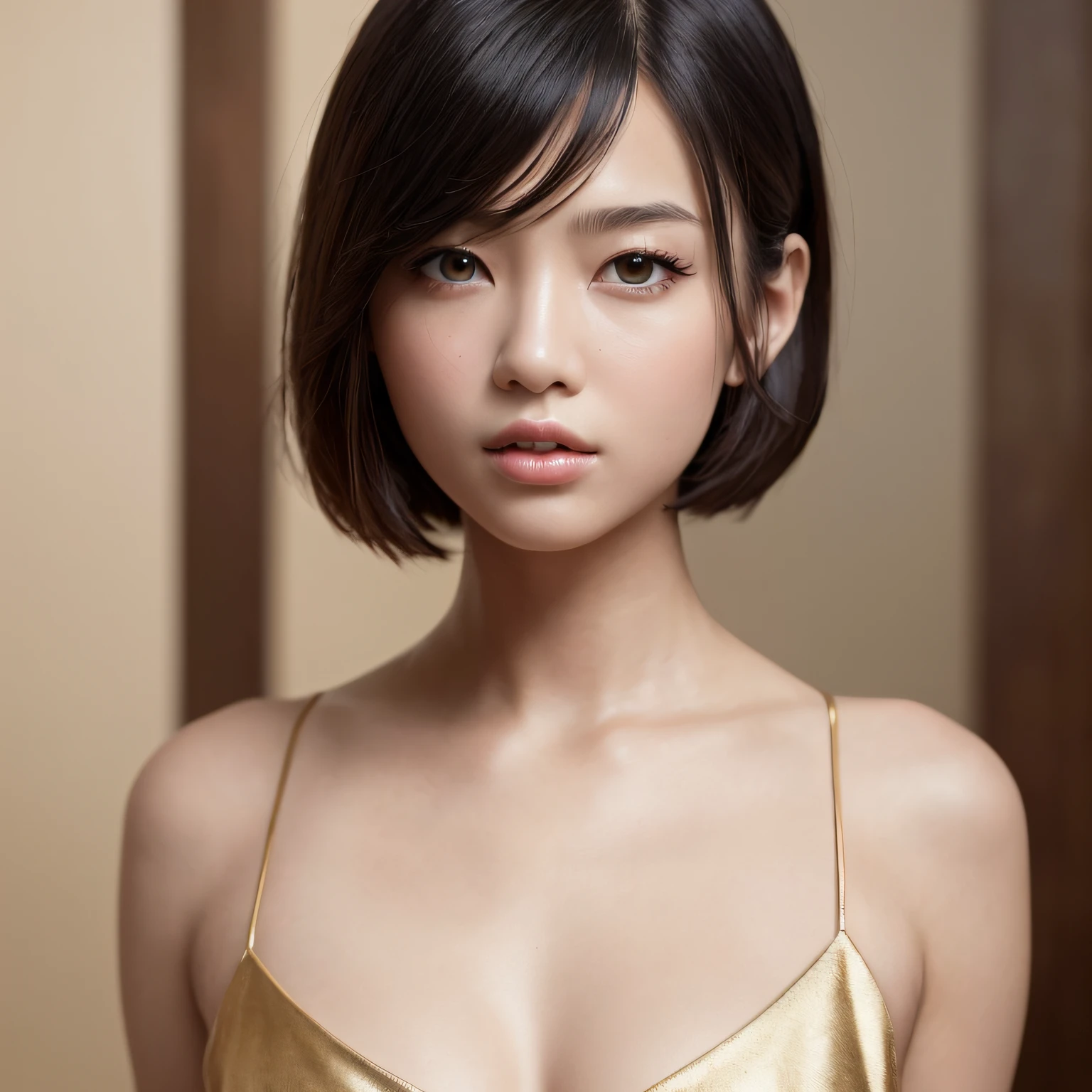 (masterpiece:1.3), (8k, photorealistic, RAW photo, best quality: 1.4), (1girl), beautiful face, (realistic face), (black hair, short hair:1.3), Chinese exquisite girl, beautiful hairstyle, realistic eyes, beautiful detailed eyes, (realistic skin), Beautiful skin, (slip dress), ridiculous, attractive, super high resolution, super realistic, very detailed, golden ratio