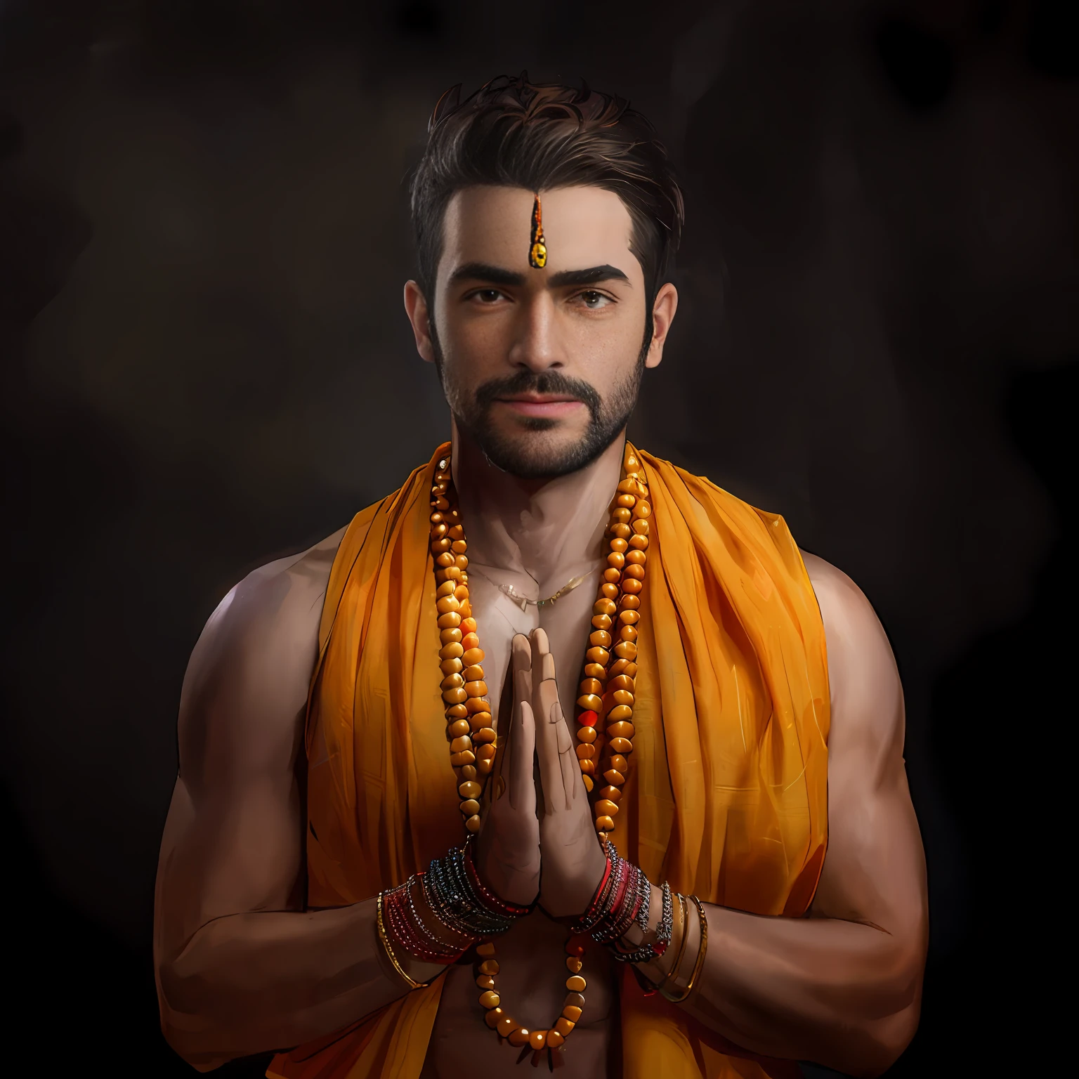 arafed man in a yellow robe with a beaded necklace and a necklace around his neck, hinduism, hindu aesthetic, attractive male deity, indian god, full body picture of a male monk, inspired by Kailash Chandra Meher, hindu stages of meditation, portrait of monk, hindu god, holy man looking at ground, indian master, monk meditate, serene expression