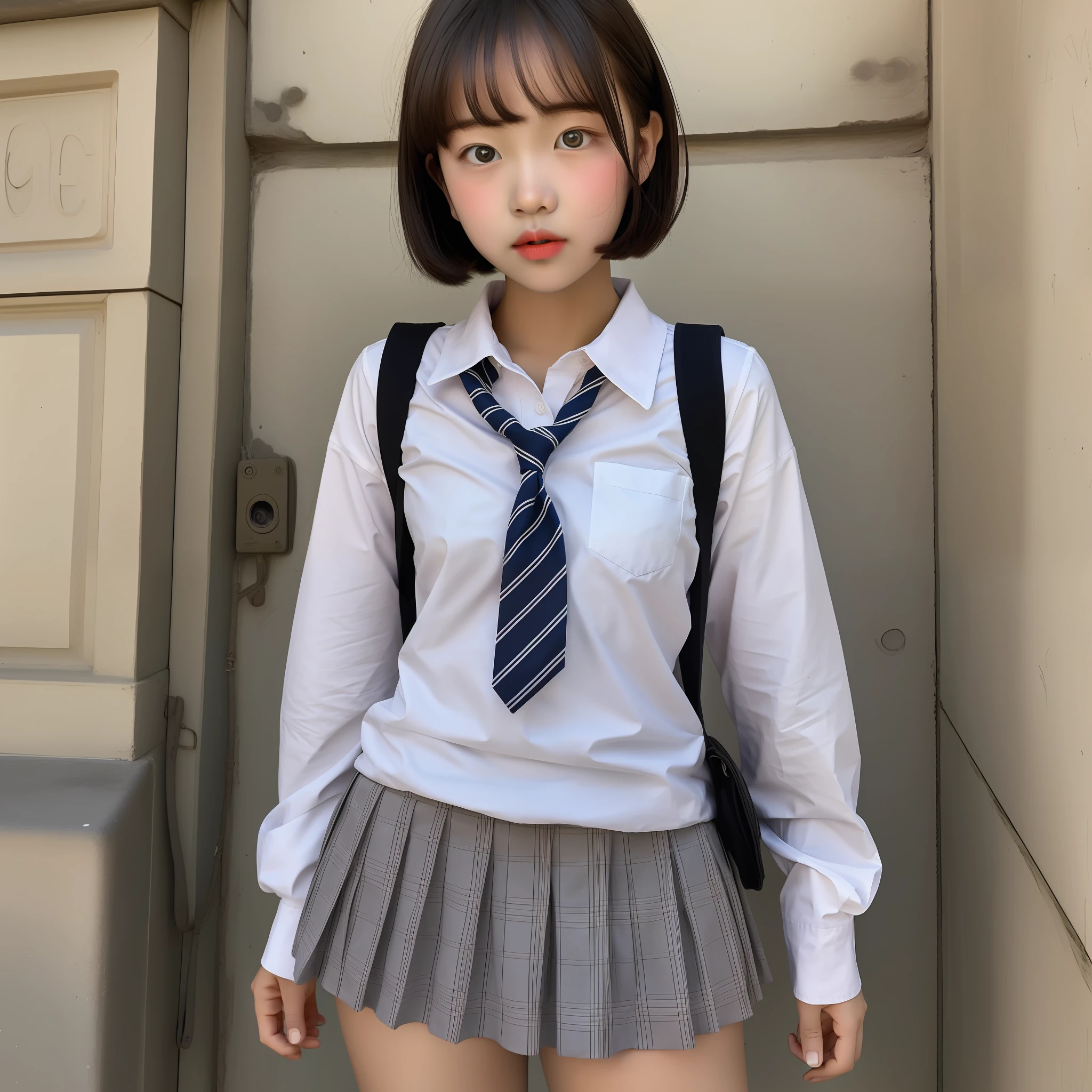 Cute schoolgirl, short cut, face up shot, summer clothes, puberty, dusk, frontal, portrait, school, camera gaze