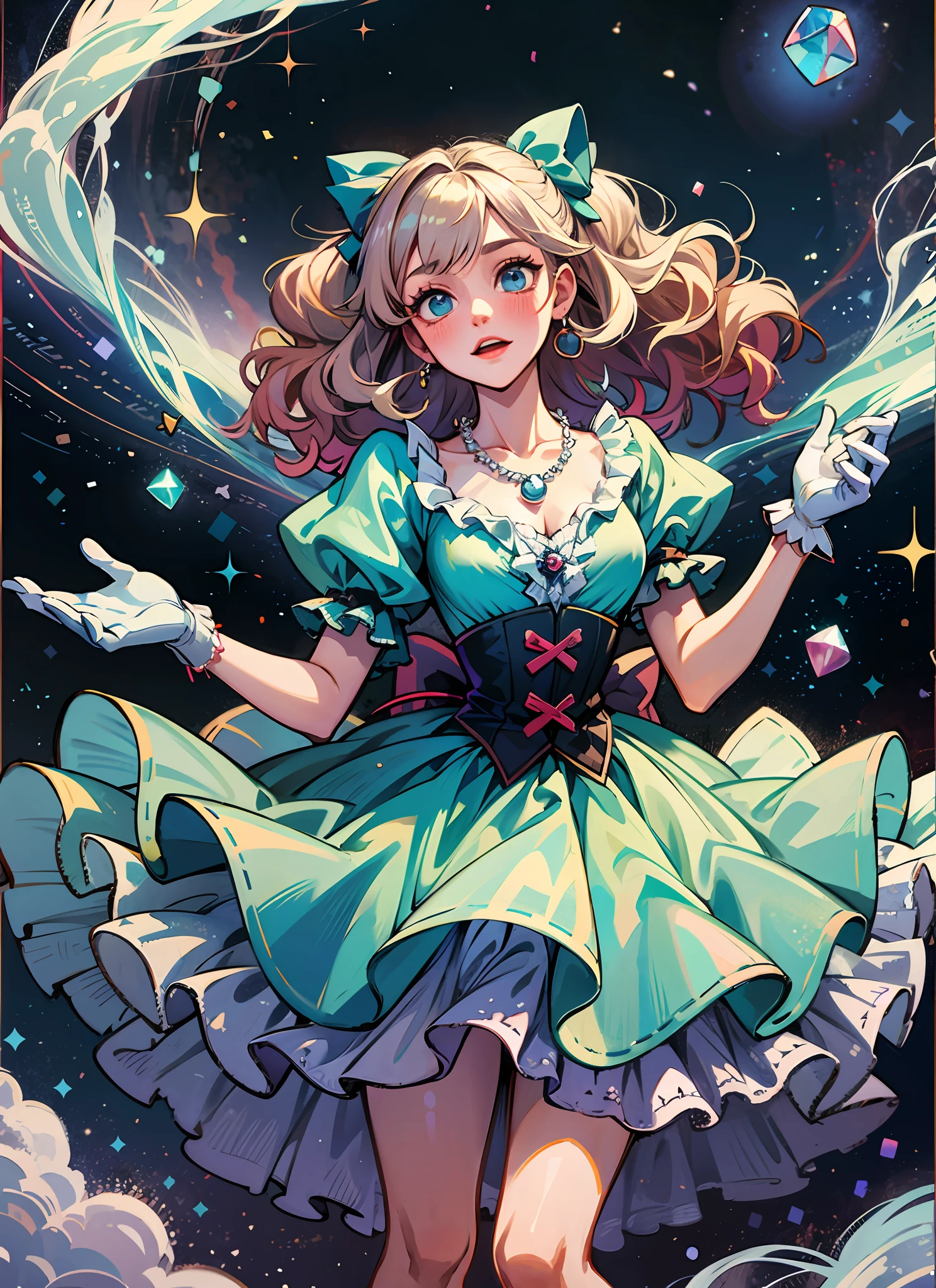 Super gorgeous, extreme multiplication, shiny crystal, cinematic lighting, curly hair, Roman curls, frills, misty, Alice in wonderland, dramatic composition, extreme detail, high resolution, ta dress, bow, pearl necklace, lace gloves, bow, ribbon, floating, levitating, fly, misty, starry, dreamy, transparent fabric, layered yarn, transparent gauze skirt