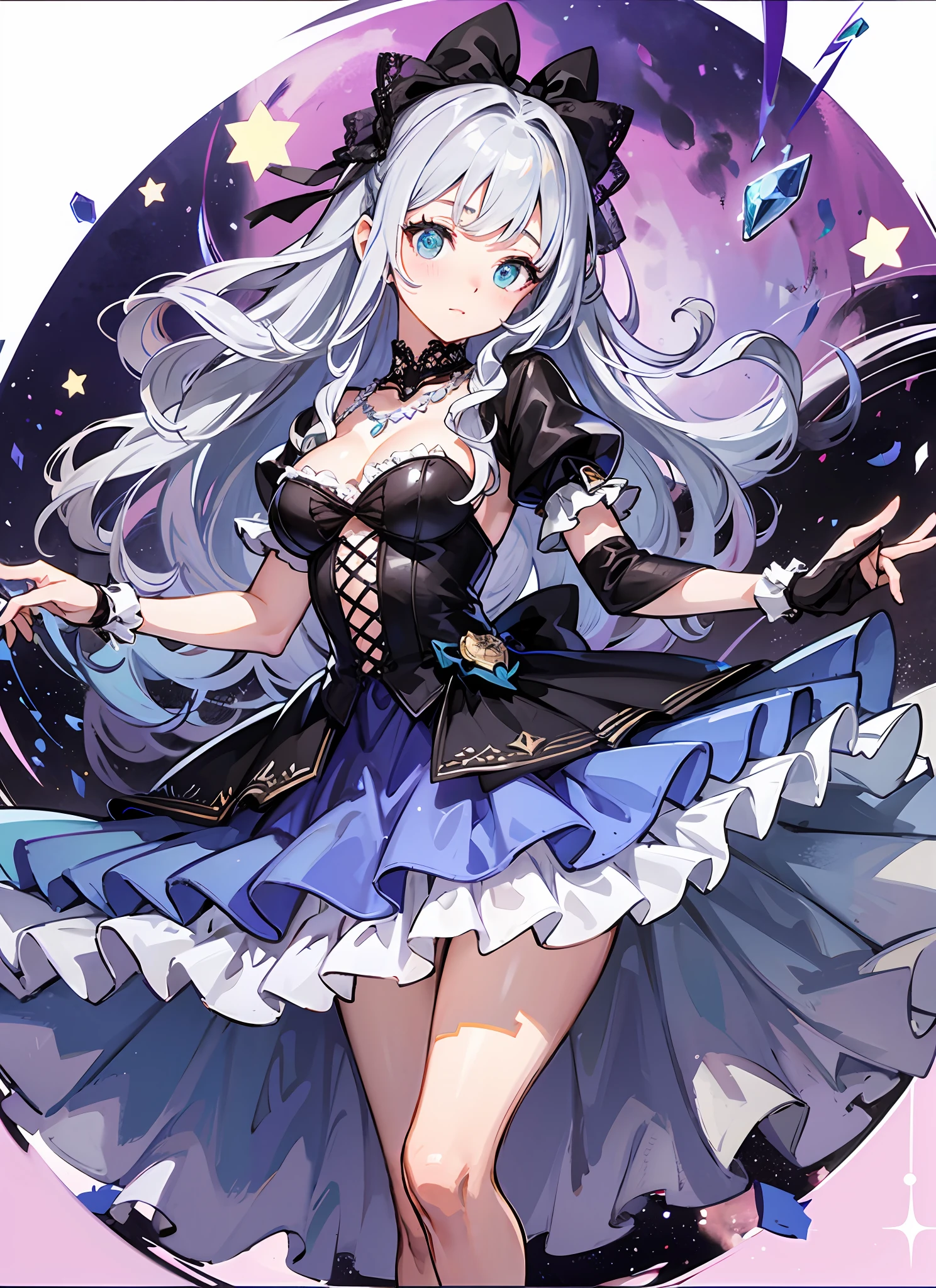 Super gorgeous, extreme multiplication, shiny crystal, cinematic lighting, curly hair, Roman curls, frills, misty, Alice in wonderland, dramatic composition, extreme detail, high resolution, ta dress, bow, pearl necklace, lace gloves, bow, ribbon, floating, levitating, fly, misty, starry, dreamy, transparent fabric, layered yarn, transparent gauze skirt