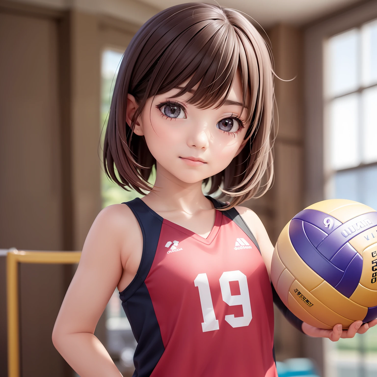 ((9year old girl:1.5)), complete anatomy, children's body, child, super cute, girl, , random poses,An angle that captures the whole body,(wearing volley_uniform:1.3), good hand,4k, high-res, masterpiece, best quality, ((Hasselblad photography)), finely detailed skin, sharp focus, (cinematic lighting), collarbone, soft lighting, dynamic angle, (((inside volleyball field))),,volley_uniform, , inside beach volley field, inside volley ball field, holding_ball, beautiful girl, 1 girl, loli, petitrl, top quality, masterpiece, high eyes,drooping eyes,(realism: 1.2)), petite, bangs, tall eyes, natural light,(aquamarine eyes),bangs, beautiful girl with fine details, Beautiful and delicate eyes, Beautiful girl, detailed face, Beautiful eyes, beautiful shining body, 8K images,