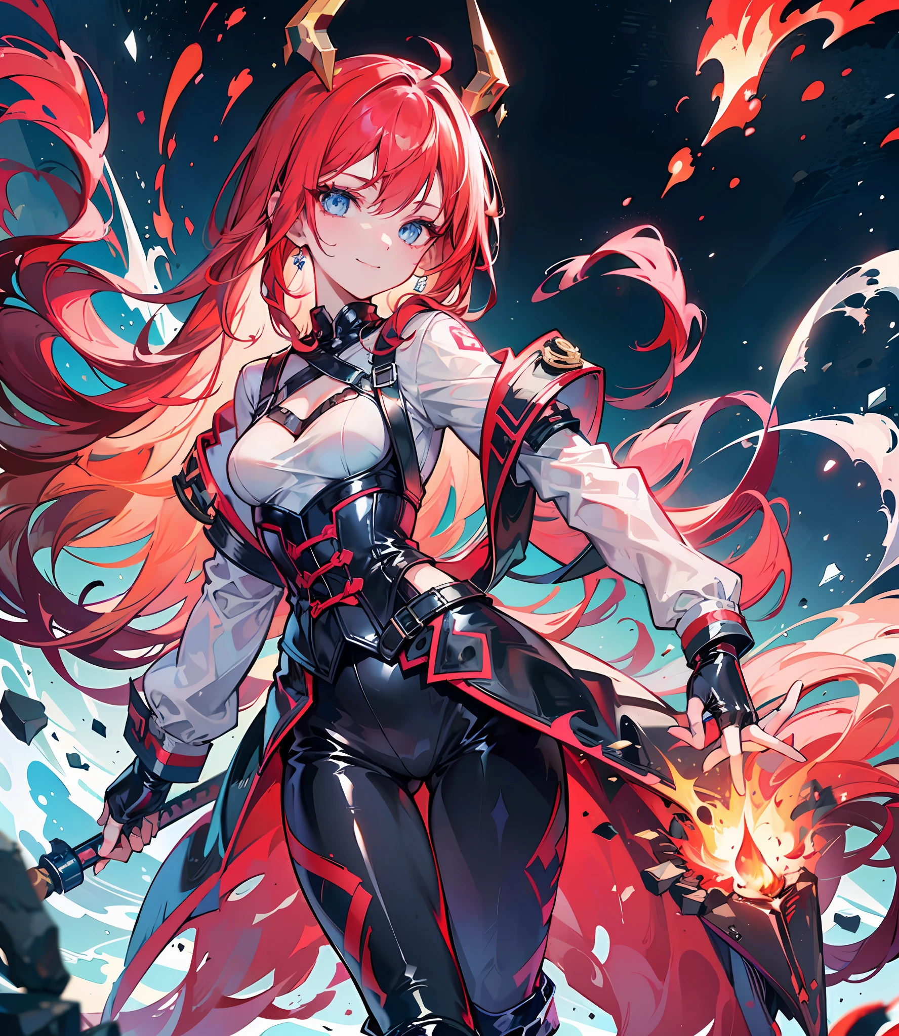(girl), ((red hair)), (shaved temple),(Long hair)) ((black latex leggings)), ((latex short boots)), (fingerless gloves) ((white shirt)), (red cloak on hips), ((Soldier)), ((evil smile)) ((roses on clothes)), ((fire magic in hand)), ((belligerence)), (small breasts), ((1 person)), ((one girl)) ((portrait)), (black late corset), ((night in the background)), ((ice blue eyes)), ((burgundy hair)), ((without sexualization)), ((solo)), (((Closed clothes))), Space, space effect, beautiful