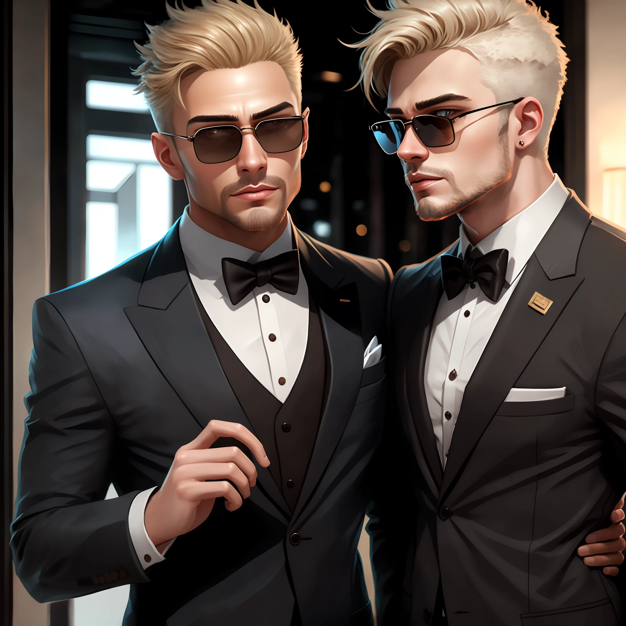 they are two men in suits and sunglasses posing for a picture, two handsome men, men in tuxedos, epic and classy portrait, realistic artstyle, wlop and andrei riabovitchev, wearing suits!, male art, photorealistic artstyle, suits, dressed in expensive clothes, wearing a suits, suit and tie, handsome stunning realistic, luxurious suit