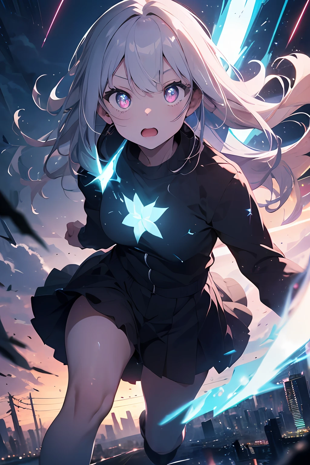 (A human who emits an aura from his body:1.4), (Blue energy light emanates from the body:1.4),(white heir:1.2),
(gradient eyes:1.2), (finely detailed beautiful eyes:1.2), (symmetrical eyes:1.2), (big highlight on eyes:1.3),
(fullbody:1.3),(fly:1.3),
(cyber city:1.4),
(lightning discharge lightning effects:1.2),
(electrocution:1.3),
(masterpiece:1.4), (illustration:1.2), (best quality:1.4), (best aethetic:1.2), (beautiful art:1.4), (ultra-detailed:1.4), (8k), (HDR), (sharp focus), (intricate),,HOSHINO AI, PURPLE EYES, STAR-SHAPED PUPILS