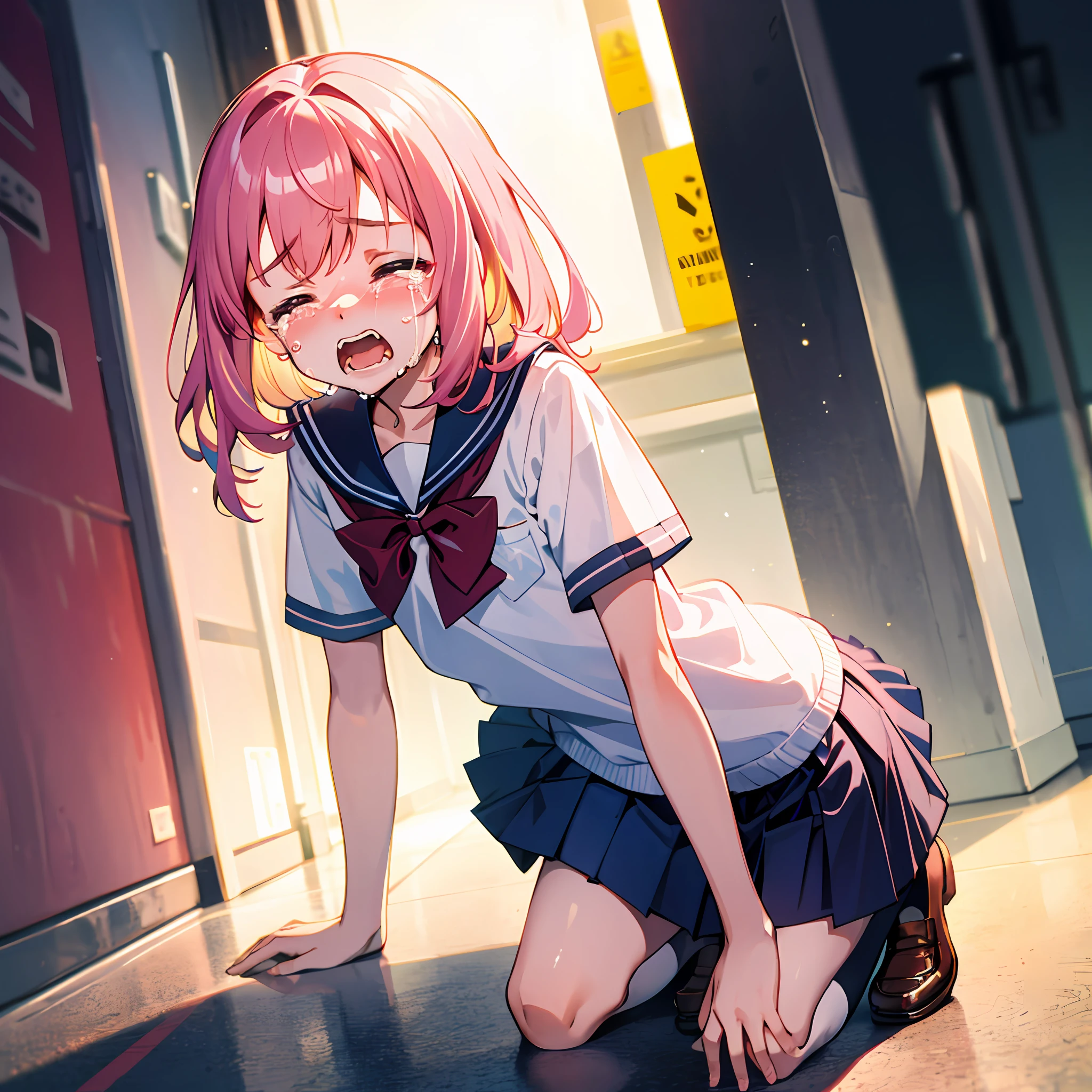 Top quality, masterpiece, high resolution, very detailed, 8k, one girl, cute, anime, crystal clear white skin, asian girl, sensual, full-body, young, junior high school, 13 years old, child, (hair color is light pink), school hallway, cute school uniform in summer, hair rises fluffily, miniskirt, lift-up skirt, crying a lot, closing both eyes, screaming, great anger, low angle, crying, Looking up, hands on their knees and breaking down crying on the floor