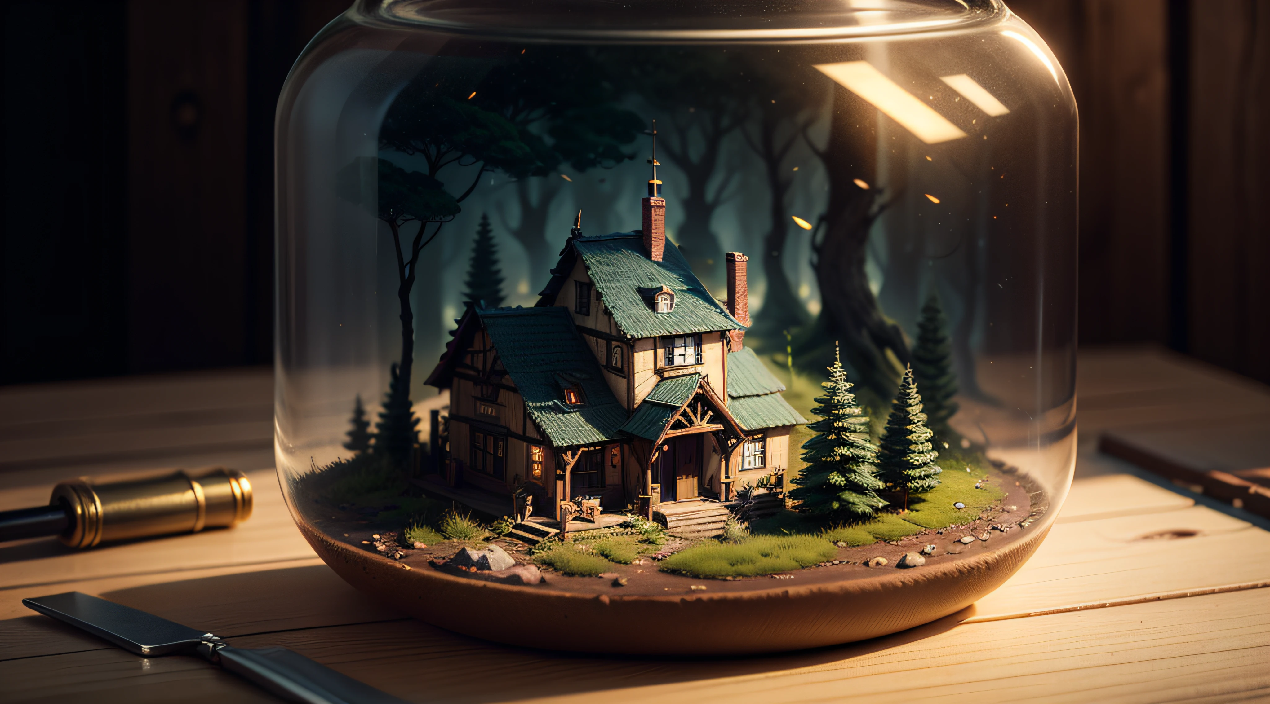 (concept art), (An intricate forest minitown, village, landscape trapped in a bottle), biome, thick glass, weathered, atmospheric oliva lighting, on the  table, 4k UHD, dark vibes, hyper detailed, vibrant colours, epic composition, octane render, sharp focus, detailed, intricate, (reflections, refractions, caustics:0.6), (high resolution isometric), 8k, HDR, realistic:1.4, --auto
