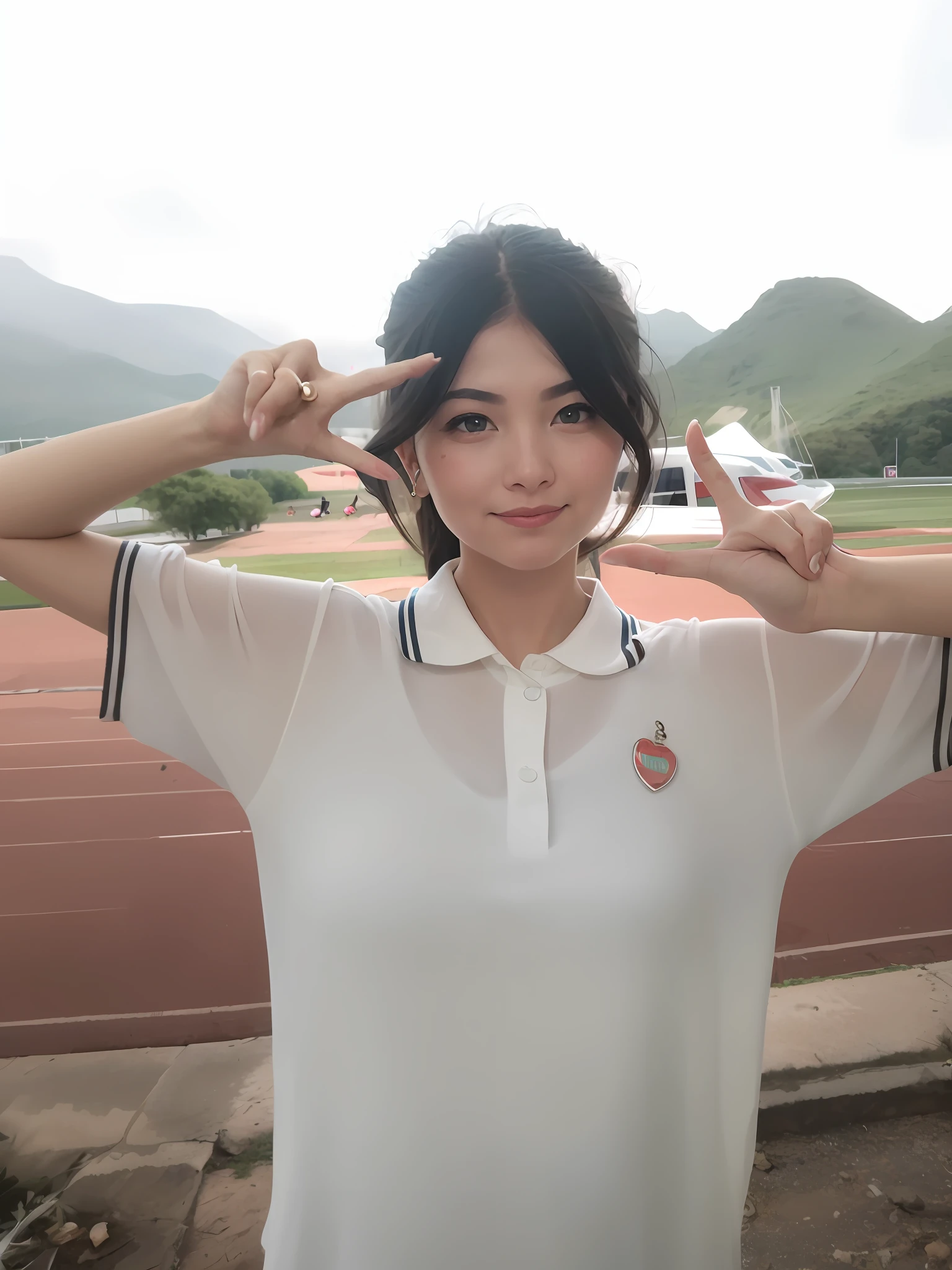 There was a woman standing on the runway with her hands Biye, the best quality, 8k, her face was exactly the same as the person in the photo, exactly the same, although she was smiling happily, but there was a little melancholy in her eyes