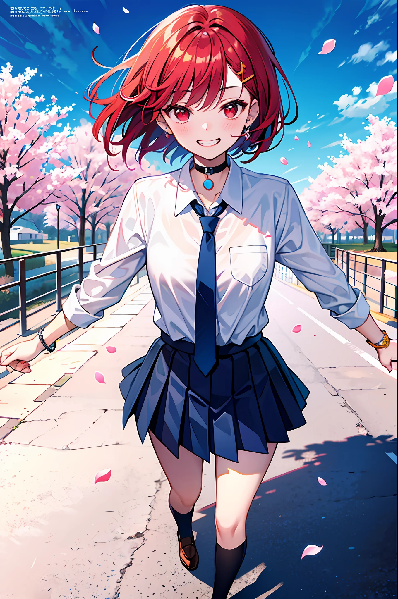 masterpiece, best quality, full body,
1girl, bangs, black choker, black necktie, red hair, blue skirt, red eyes, blush, bracelet, breasts, choker, wearing an open black suit, collarbone, collared shirt, cowboy shot, dress shirt, ear piercing, eyebrows visible through hair, gradient hair, grin, gyaru, kogal, short hair, looking at viewer, blue long necktie, necktie, piercing, blue skirt, pleated skirt, red eyes, ring, school uniform, shirt, skirt, solo, white shirt, black stockings,
street, sky, cherry blossoms, petals,illustration, (magazine:1.3), (cover-style:1.3), woman, vibrant, outfit, posing, front, colorful, dynamic, background, elements, confident, expression, holding, statement