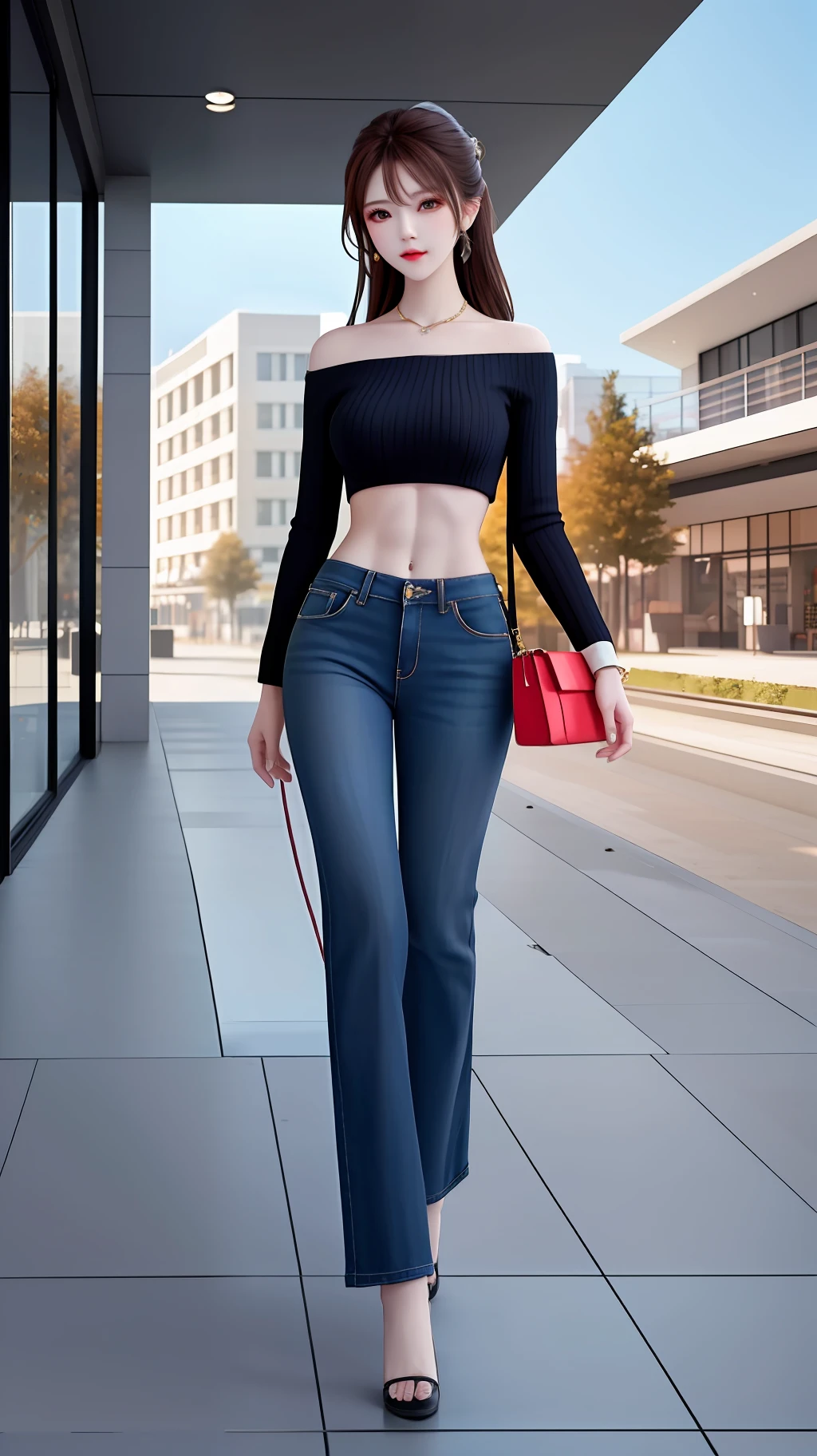 (Best quality, high resolution, masterpiece: 1.3), a tall and beautiful woman, slender abs, casual hairstyle, breasts, accessories casual, clothes casual, modern clothes (modern architecture in the background), beautifully presented details in face and skin texture, detailed eyes, full body shots