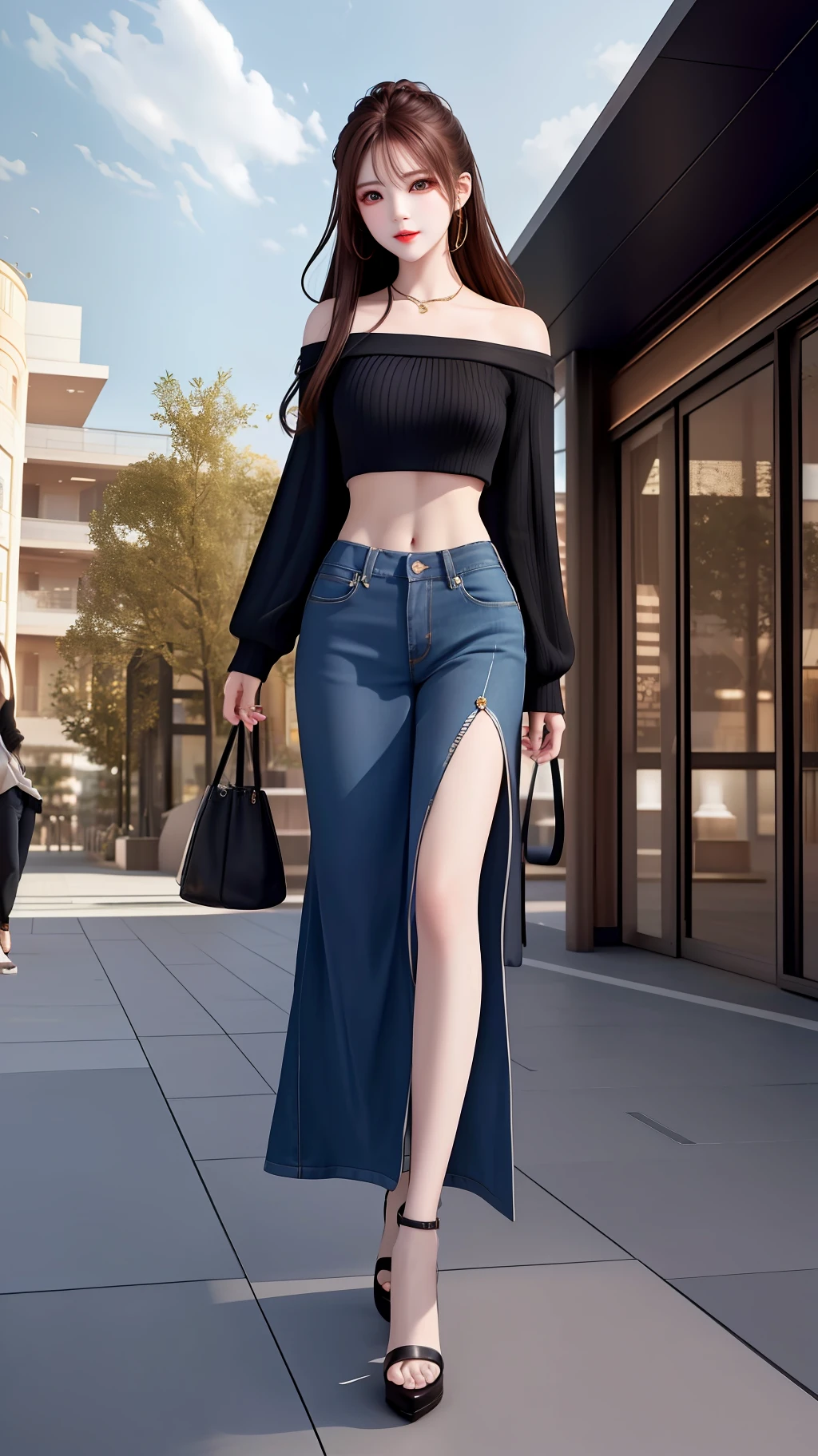 (Best quality, high resolution, masterpiece: 1.3), a tall and beautiful woman, slender abs, casual hairstyle, breasts, accessories casual, clothes casual, modern clothes (modern architecture in the background), beautifully presented details in face and skin texture, detailed eyes, full body shots