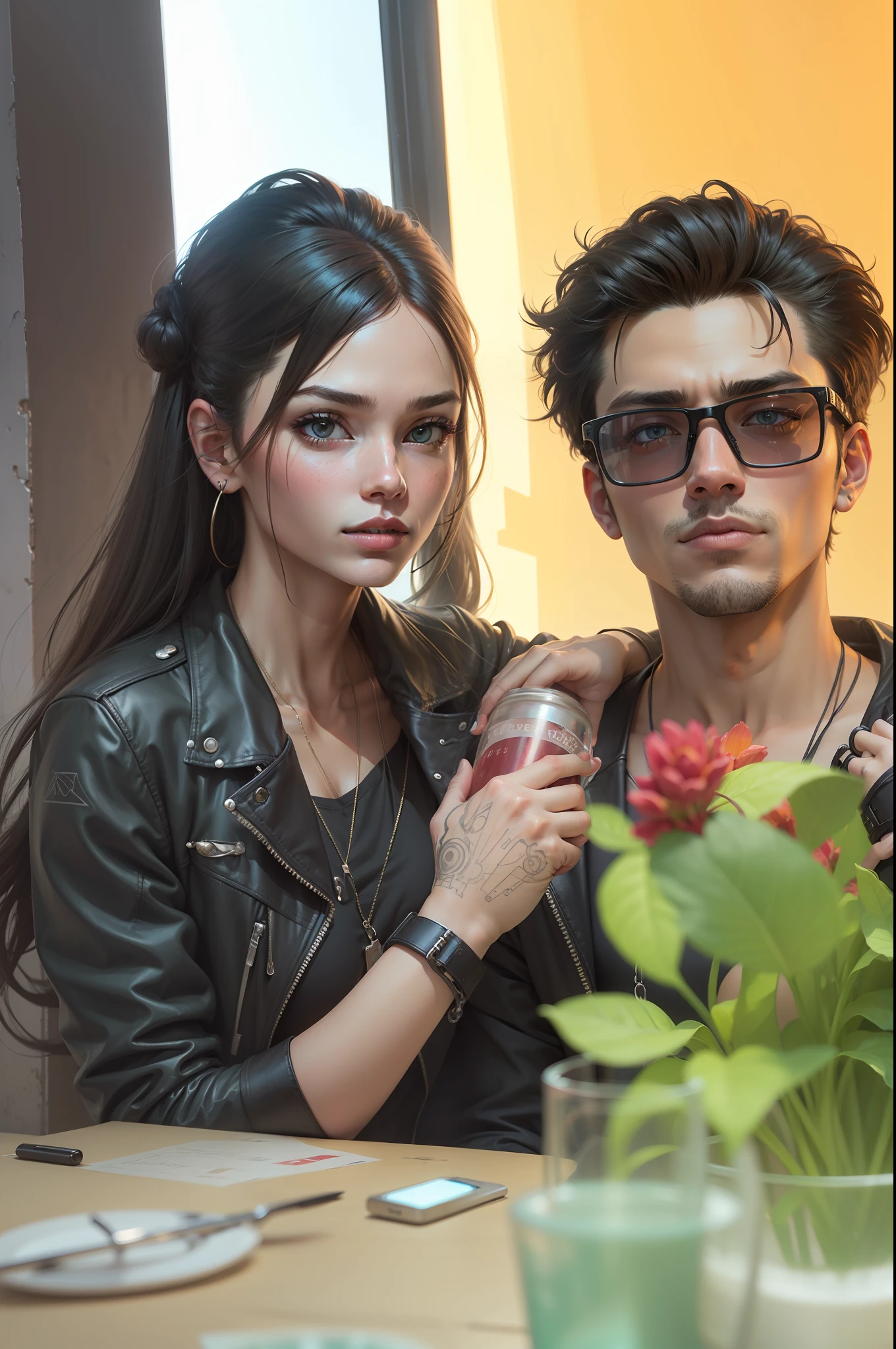 Background change cyberpunk handsome boy and girl ultra realistic face 8k ultra