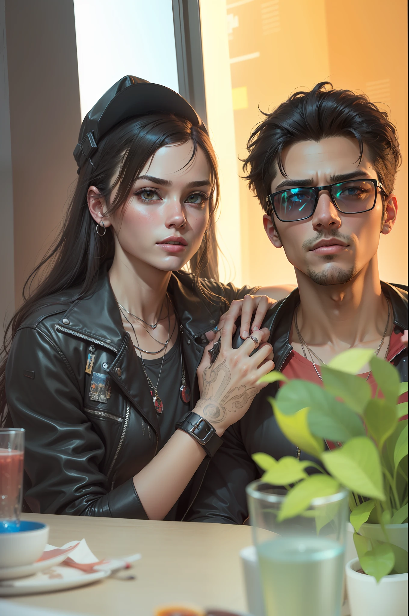 Background change cyberpunk handsome boy and girl ultra realistic face 8k ultra
