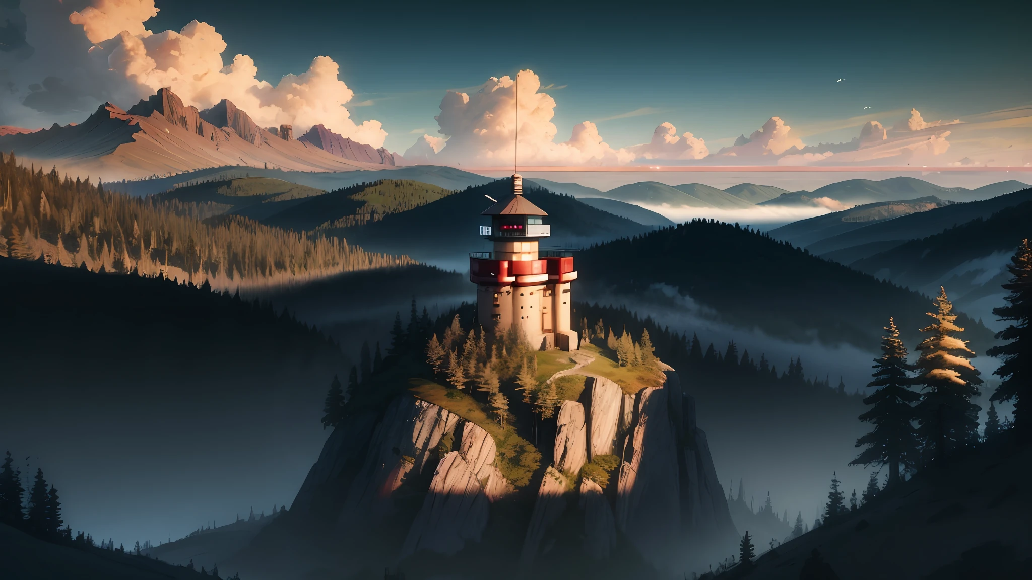 mountains and trees with a tower in the middle of them, firewatch, wallpaper 4k, wallpaper 4 k, concept art wallpaper 4k, hq 4k phone wallpaper, high quality wallpaper, 4 k hd illustrative wallpaper, 4 k wallpaper, 4k wallpaper, 3840x2160, 3840 x 2160