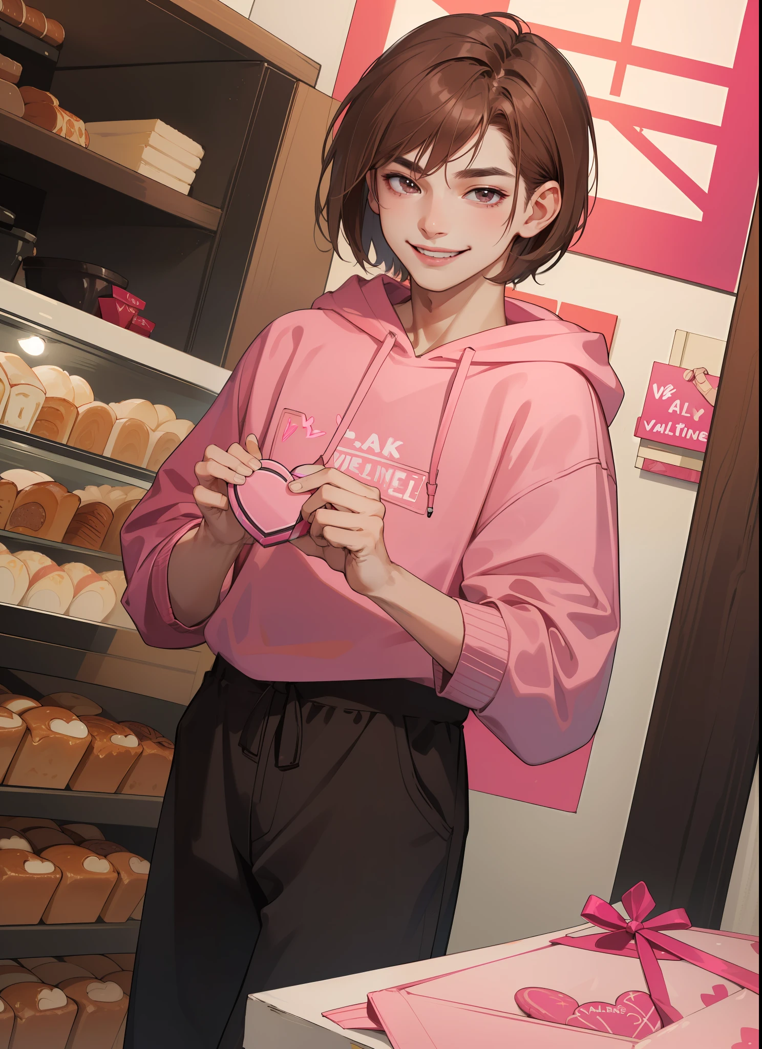 absurdres, highres, ultra detailed), 1boy, adult, tall, finely detailed eyes, intricate details, detailed background, detailed face, bright amostphete, ((pink valentine bakery:1), short brown hair. doe eyes, dark brown eyes, smiling, (dutch angle), casual clothes, hoddie (black, pink), short hair, solo
