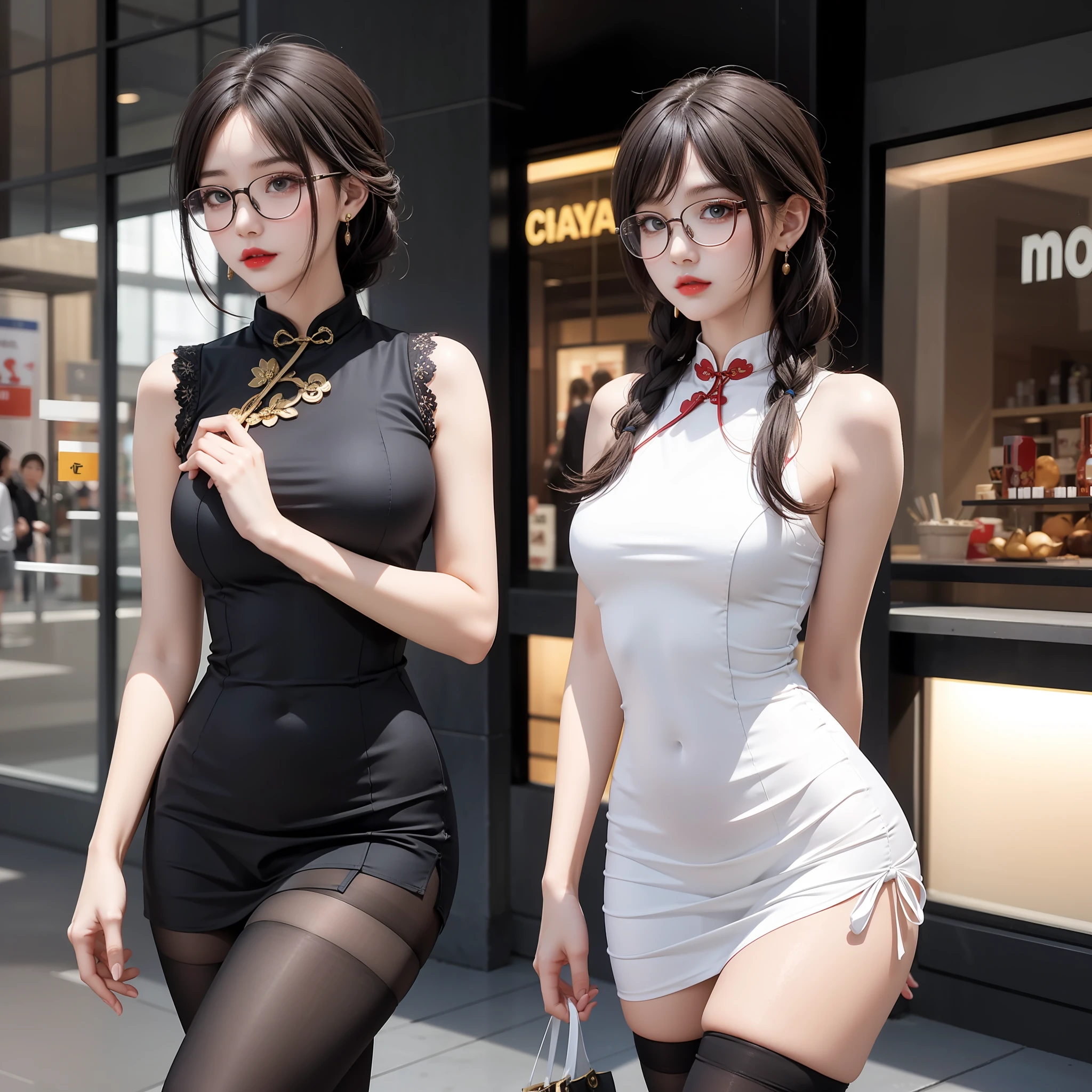 Beautiful girl high school student, wearing glasses, masterpiece, light makeup, red lips, coiled hair, side braids, shopping mall background, beautiful and elegant. Ultra-fine details, master works, real texture, cinematic lighting realism, perfect works, 8k, high definition, exquisite facial features. Fitted cheongsam with sexy tights and a pear-shaped figure. Rounded hips, slender little waist, sexy chest, vest line, collarbone, bright big eyes, smooth skin, earrings, tattoos, short and cute beautiful legs. Deep in the human, cat cherry lips. Perfect waist-hip ratio. Peerless beauty, prosperous beauty, graceful