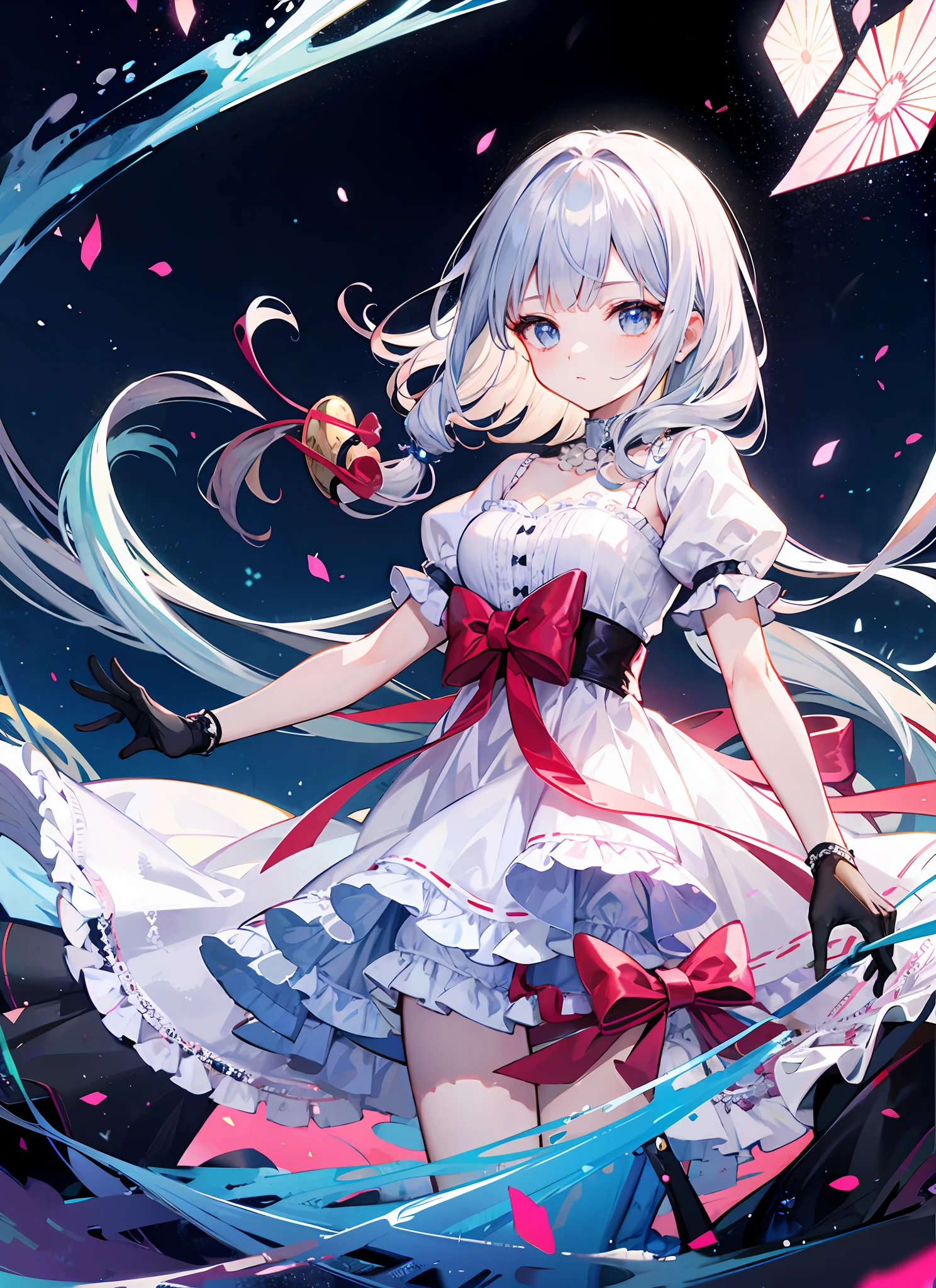 Super gorgeous, extreme multiplication, shiny crystal, cinematic lighting, curly hair, Roman curls, frills, misty, Alice in wonderland, dramatic composition, extreme detail, high resolution, lolita dress, bow, pearl necklace, lace gloves, bow, ribbon, floating, levitating, fly, misty, starry, dreamy, transparent fabric, layered yarn, transparent gauze skirt
