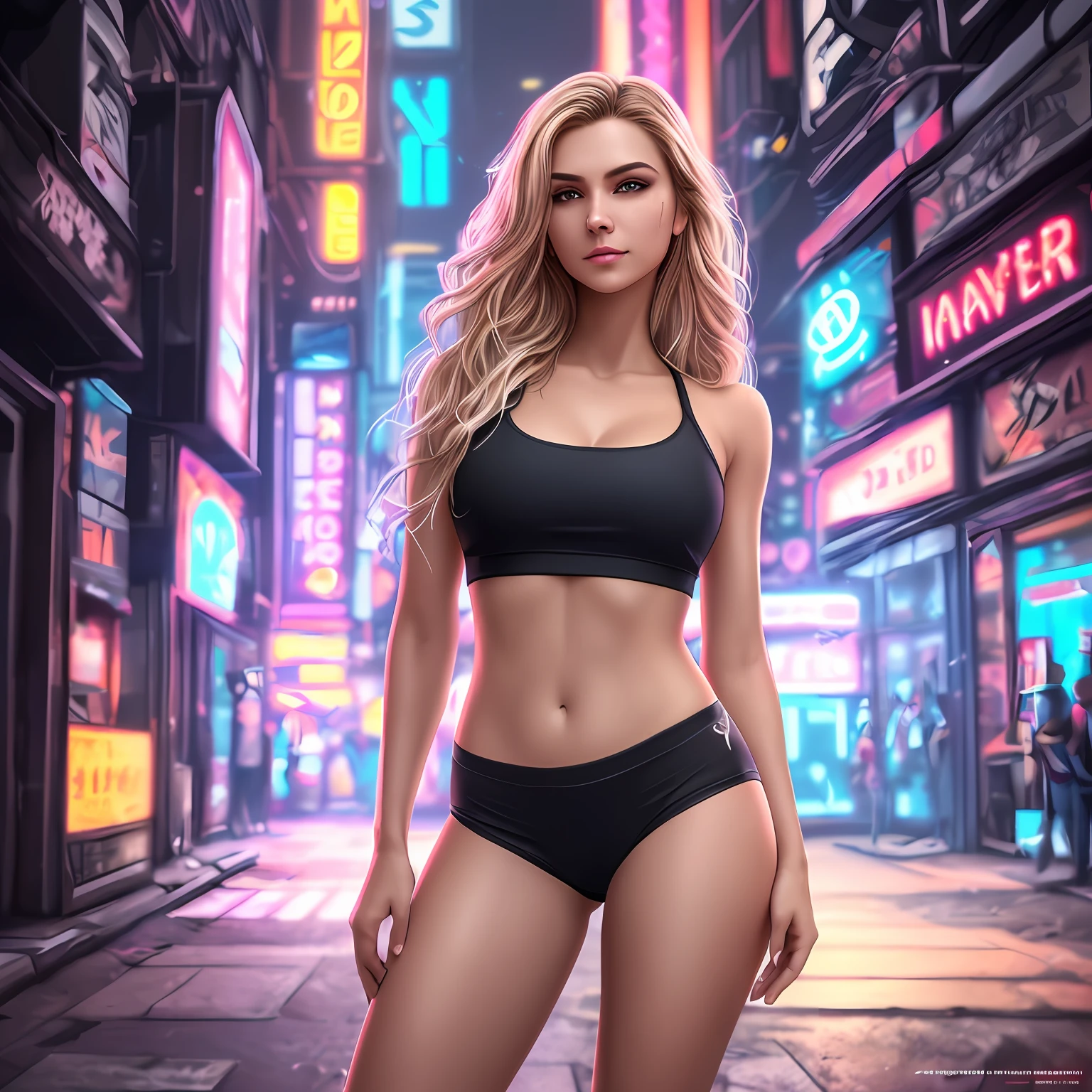 full body portrait photo of a gorgeous woman with extra long wavy blonde hair, detailed alluring eyes, long sexy legs, wearing tiny shorts, t-shirt, ((detailed facial features)), (finely detailed skin), pale skin, realistic skin texture, extreme skin details, (pores:0.1), in the background beautiful futuristic cyberpunk city, neon lights, best quality masterpiece, photorealistic, hyperrealistic, detailed, 8k, HDR, (Soft color: 1.2), shallow depth of field, broad light, high contrast, backlighting, bloom, light sparkles, chromatic aberration, sharp focus, RAW color photo --auto