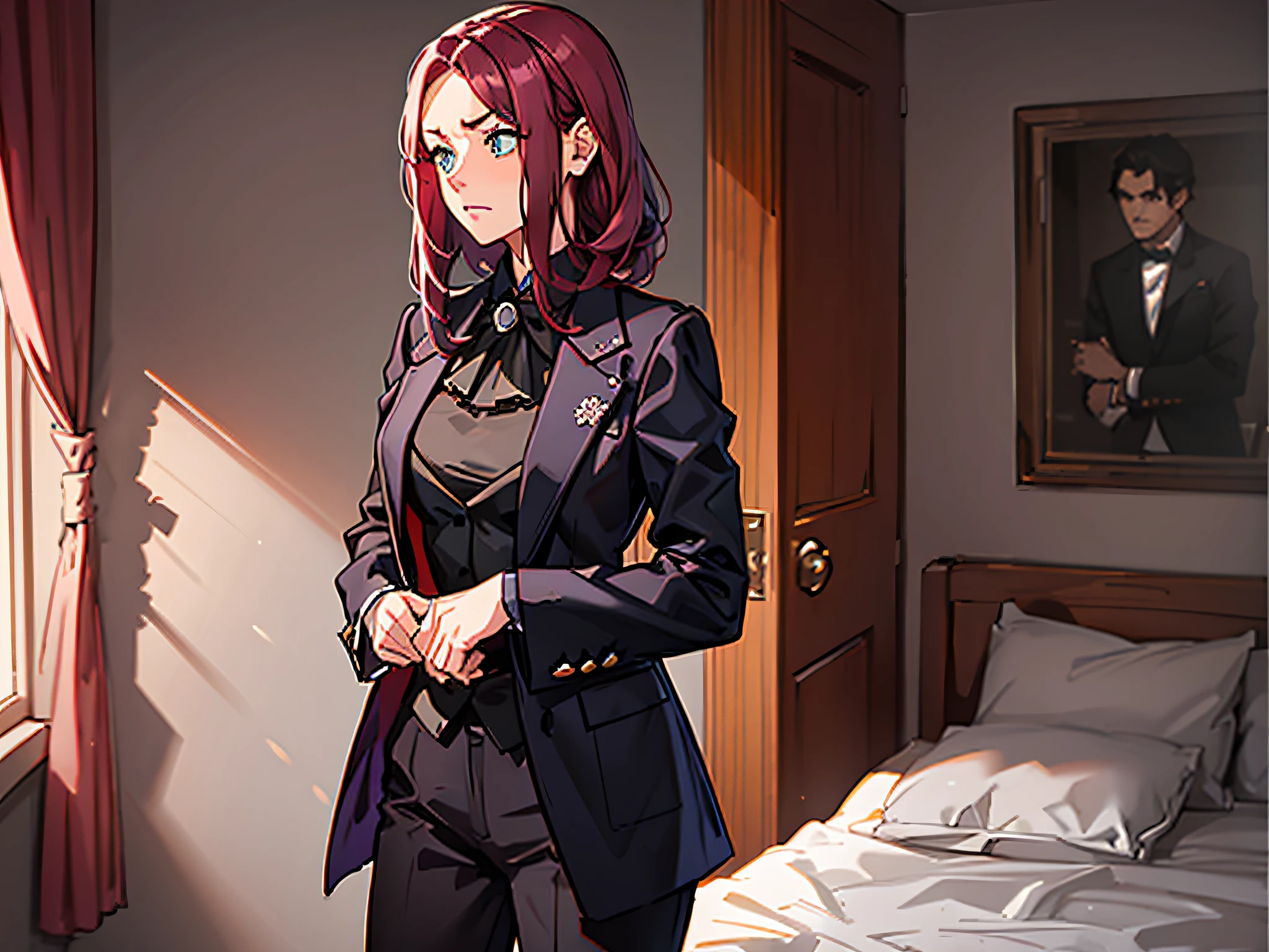 A girl, standing in the bedroom, looked puzzled, wearing a black suit and burgundy hair