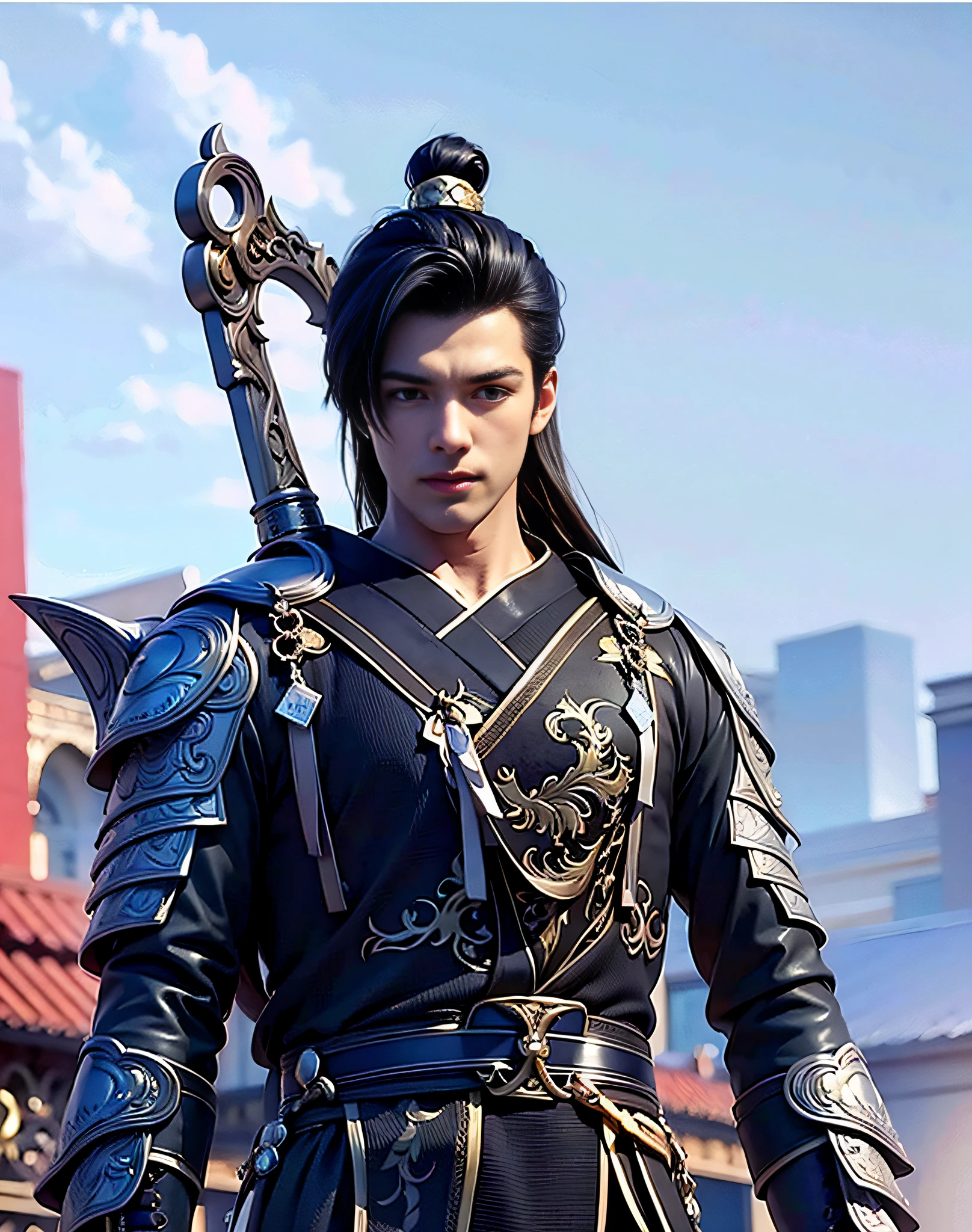 Ultra-clear, full of details, handsome, dressed in black, long black hair, carrying a giant ruler