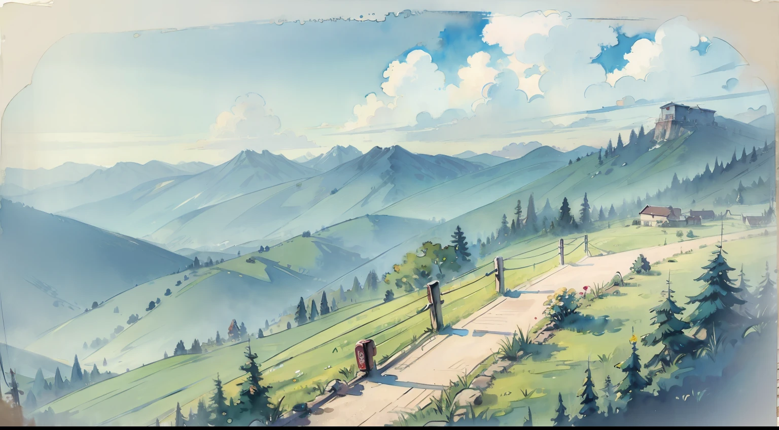 Watercolor, ropeway, summer landscape