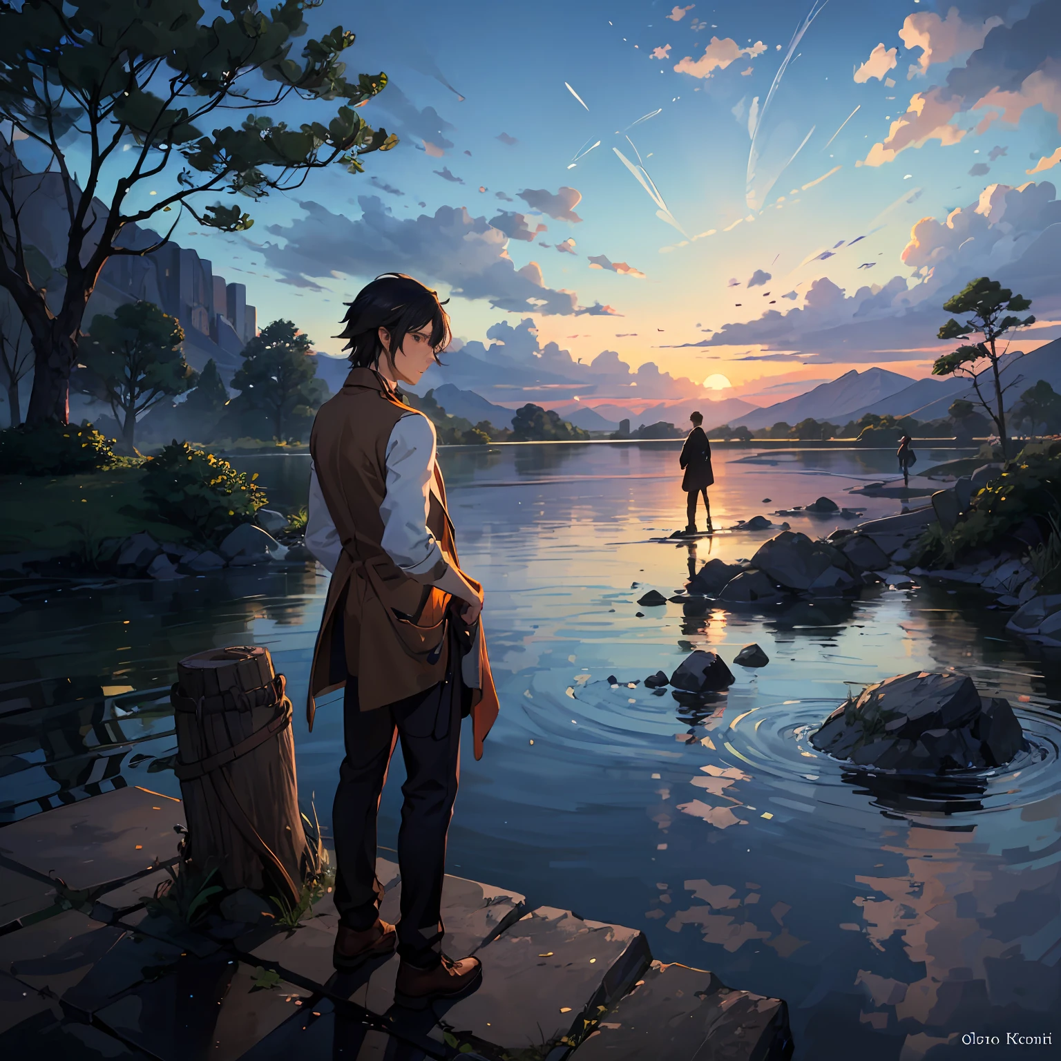 A man by a waterfall leaned against a tree trunk, a gorgeous sunset in the distance, and he was gazing in the direction of a woman with a graceful figure. Presented in the style of Makoto Shinkai --auto