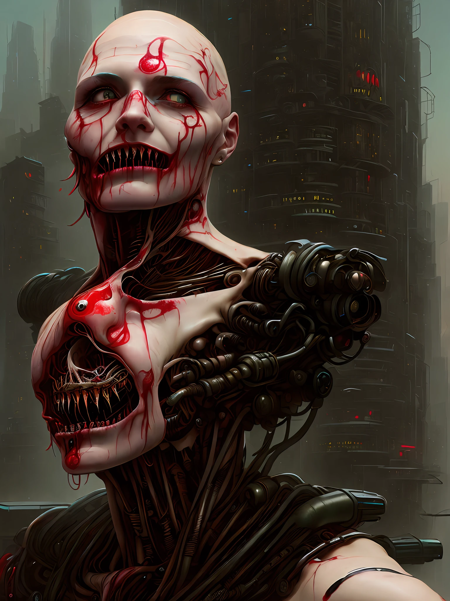 (highly detailed:1.2),(best quality:1.1),(8k:1.0),(emb-rrf-low:1.0),(many many large black tattoos on head and face and eyes:1.2),sharp focus,(subsurface scattering:1.1)
(beautiful detailed young monster cyborg girl:1.2), (no hair:1.2),(full body:1.2), (dynamic pose:1.2), neon glow, (detailed cybernetic eyes:1.1), (eating human flesh:1.3), (blood-stained fangs:1.3), (blood on face:1.2)
(hyperrealistic:1.2), rpg, elden ring style, dramatic lighting, (highly detailed futuristic cityscape:1.2), (horror sci-fi:1.2), detailed digital painting, professional portrait photography, by wlop greg rutkowski jeffrey simpson alphonse mucha