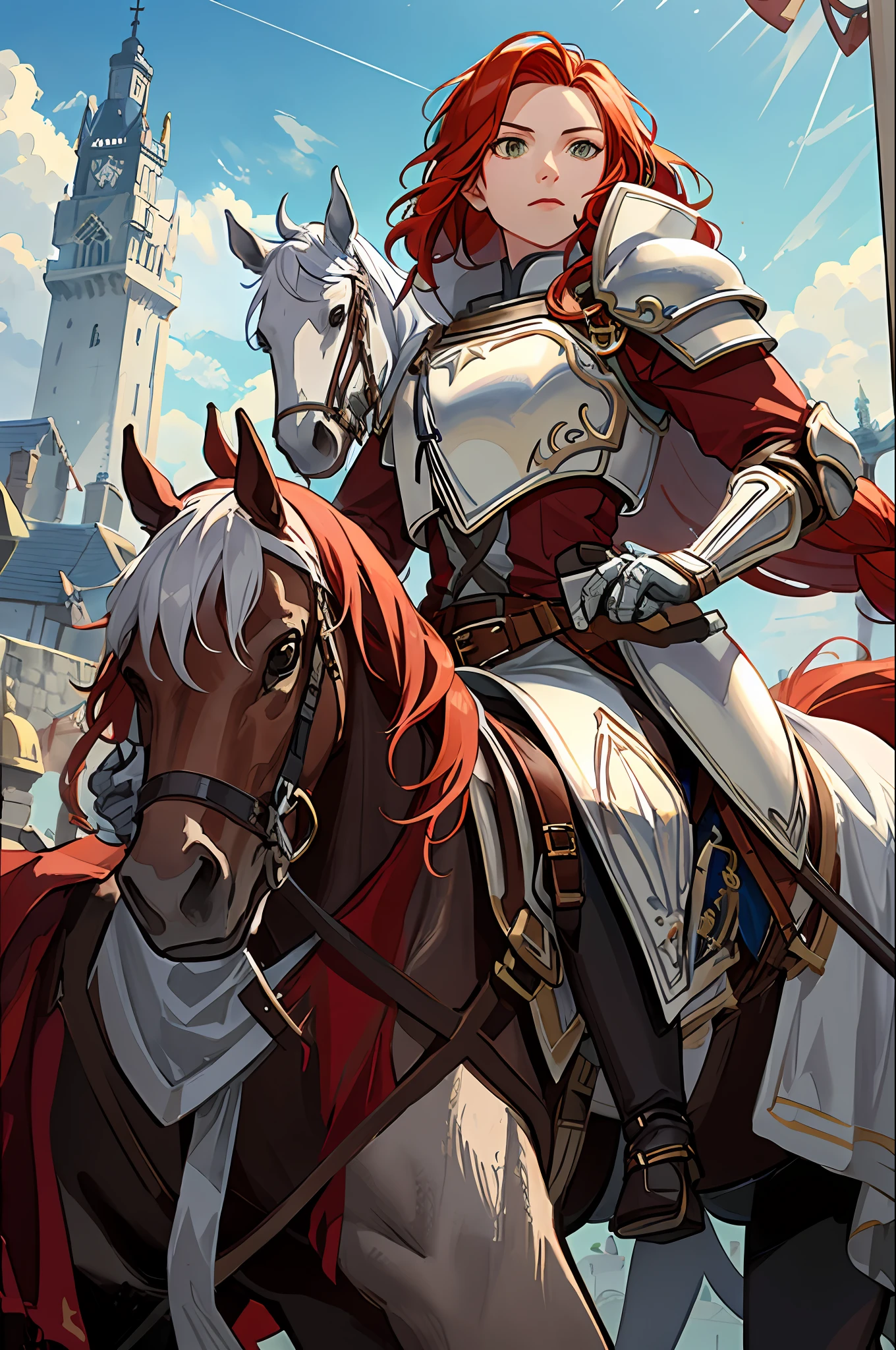 titania, 1horse, white horse, (riding a horse:1.2), braided ponytail, armor, red dress, belt, gauntlets, gloves, armored boots, from below, backlit, silhouette, lens flare, looking down at viewer, fortress, tower, stone fortress, banners, medieval, spear, holding, holding spear, lance, holding weapon