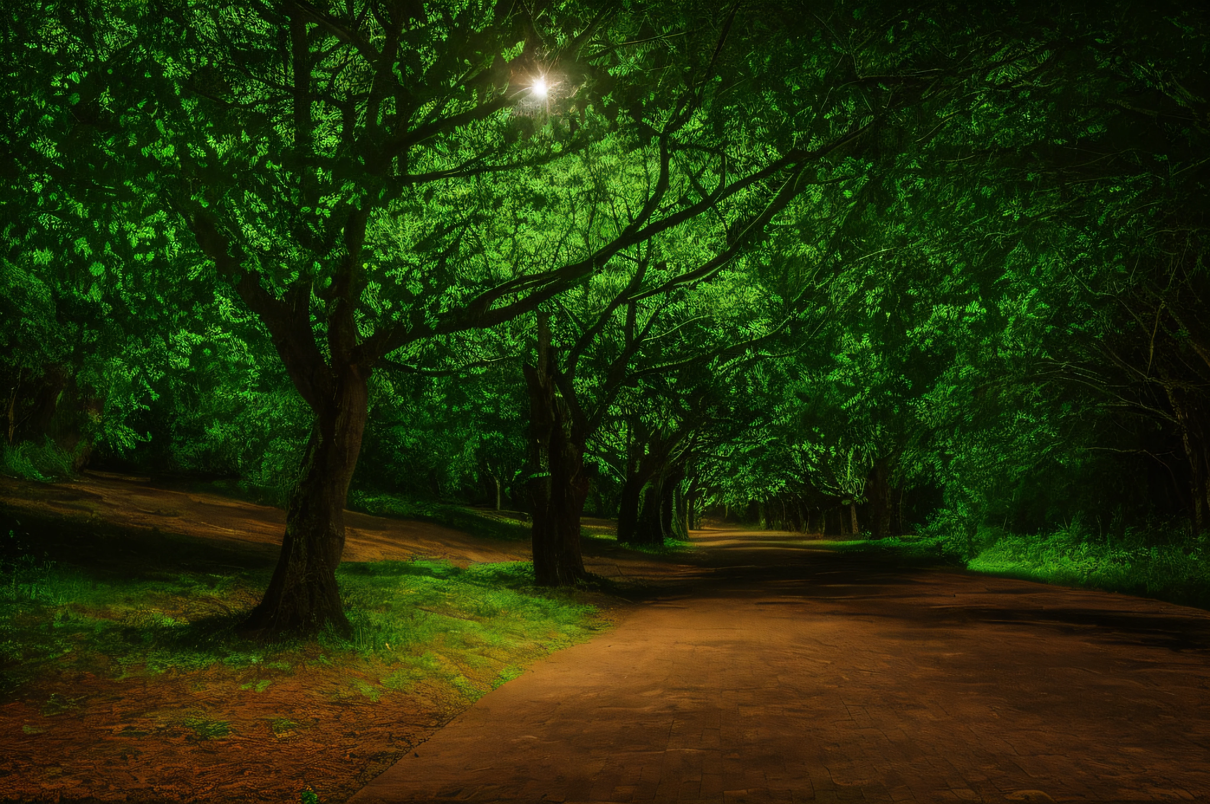 there is a street with trees and a bench in the middle of it, moonlit lighting, night time photograph, forest at night, city lights made of lush trees, night photo, moonlight through the trees, moonlight through trees, night forest, moonlit, moonlight lighting, moonlit night, nighttime!, paisible night lighting, in the woods at night