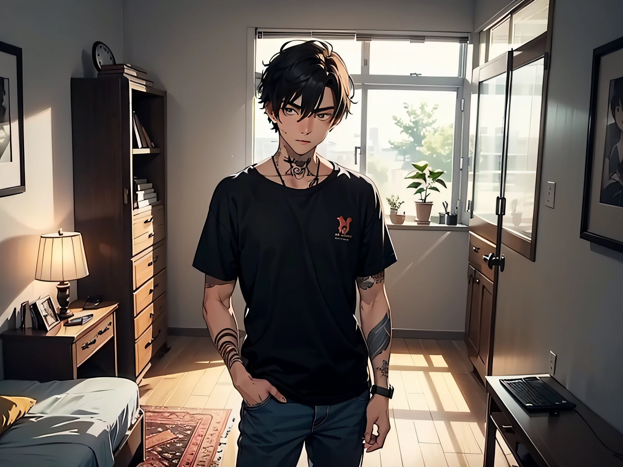 A handsome boy, 20 years old, standing in the bedroom, with a serious expression, looking at the camera, delicate facial features, hair is medium, wearing a black shirt, neck and arm tattoos