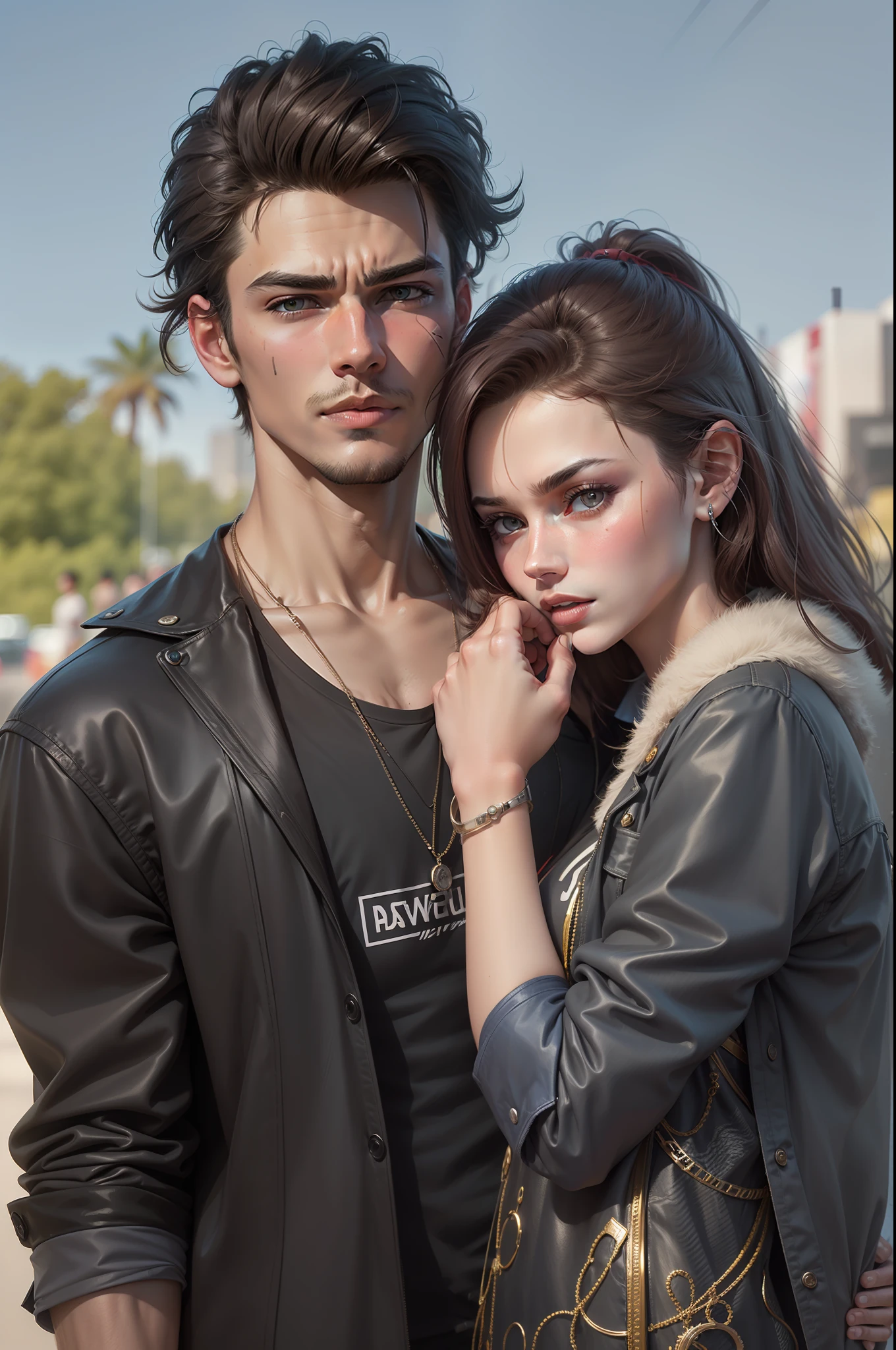 Background change cyberpunk handsome boy and girl ultra realistic face real face