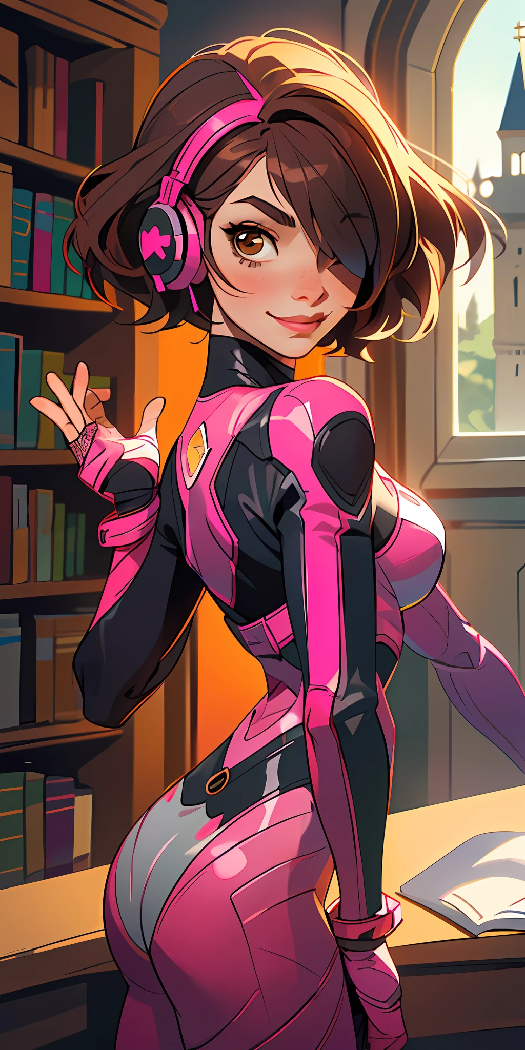 masterpiece, ((ultra detailed background, delicate pattern, intricate detail)), (highly detailed, fine details), best quality, beautiful lighting, ((medium breasts, slim girl)), (Evangeline Lilly:dua lipa) , ((mischievous smile)) ,(bangs covering one eye), ((light ginger hair)),headphones, (brown eyes), dark-purple jacket, ((pink bodysuit, full-body suit)), complex detailed background, inside, castle room environment, medieval castle, gray walls, window, bookshelf, (close-up, portrait),
