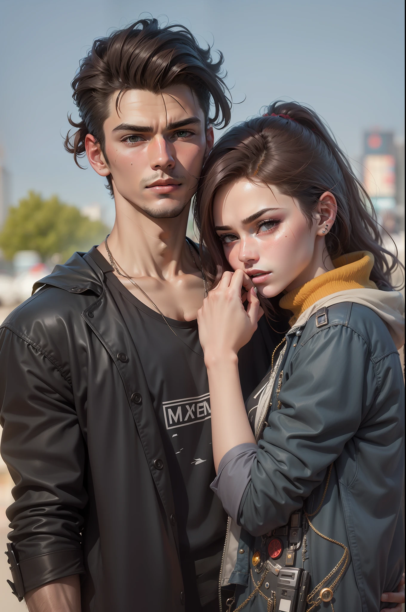 Background change cyberpunk handsome boy and girl ultra realistic face real face